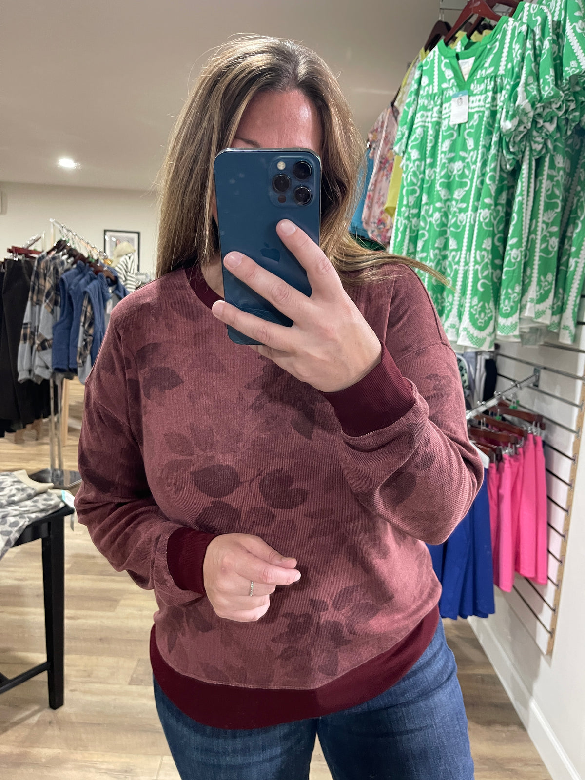 BURGUNDY Crew Neck, Long Sleeve, Rib Hacci Floral Printed Top