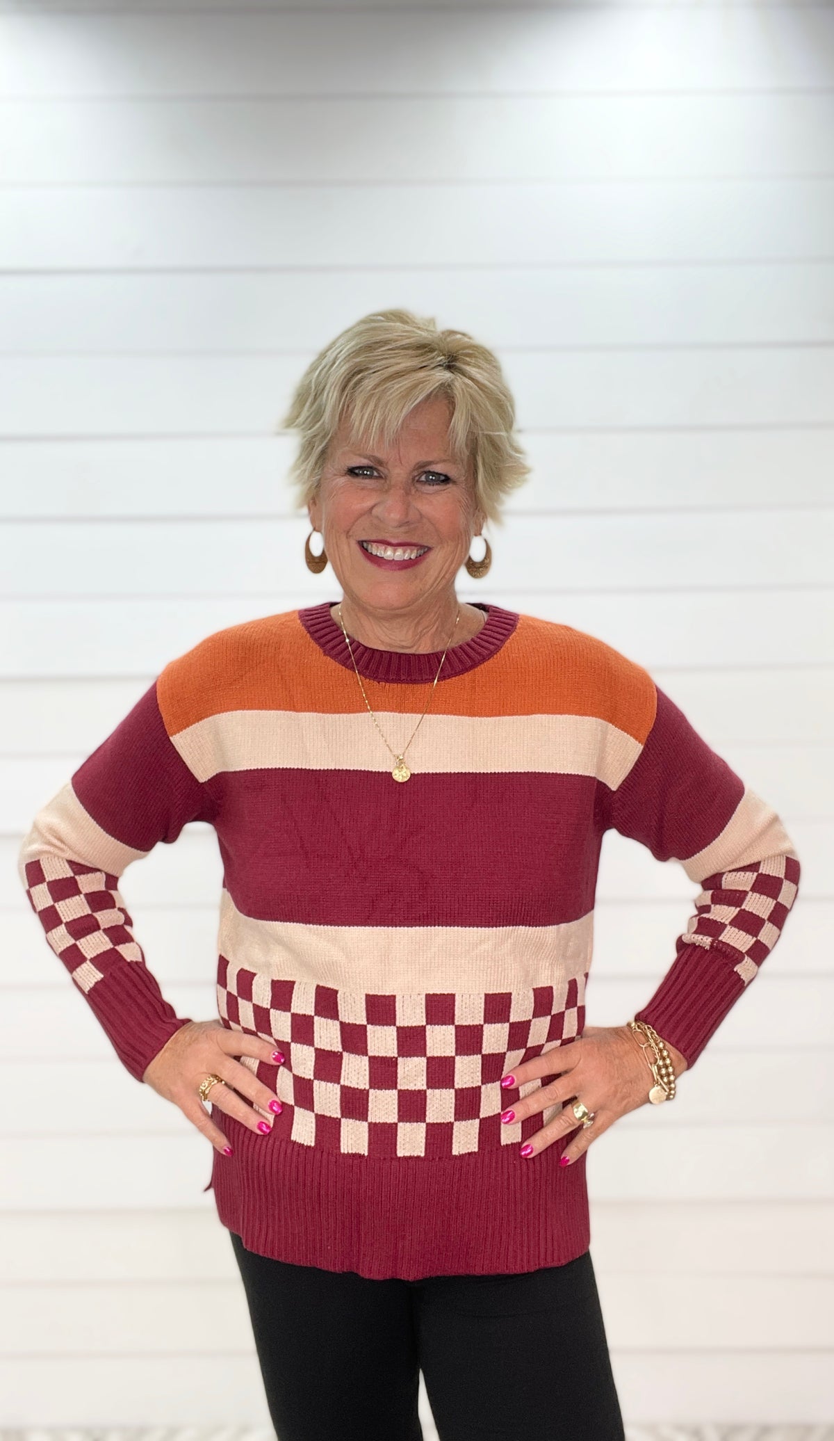 RUST CHECKERED COLORBLOCK KNIT SOFT SWEATER