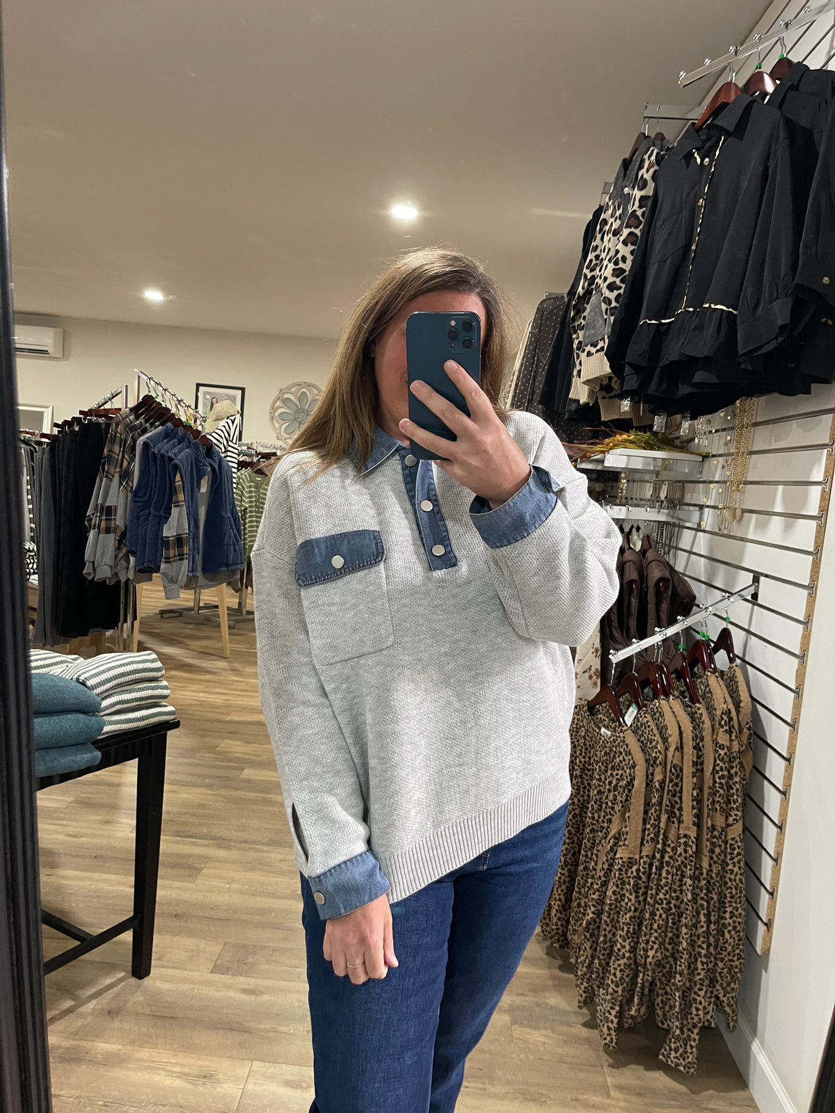 HEATHER GREY KNIT SWEATER W/ DENIM TRIM