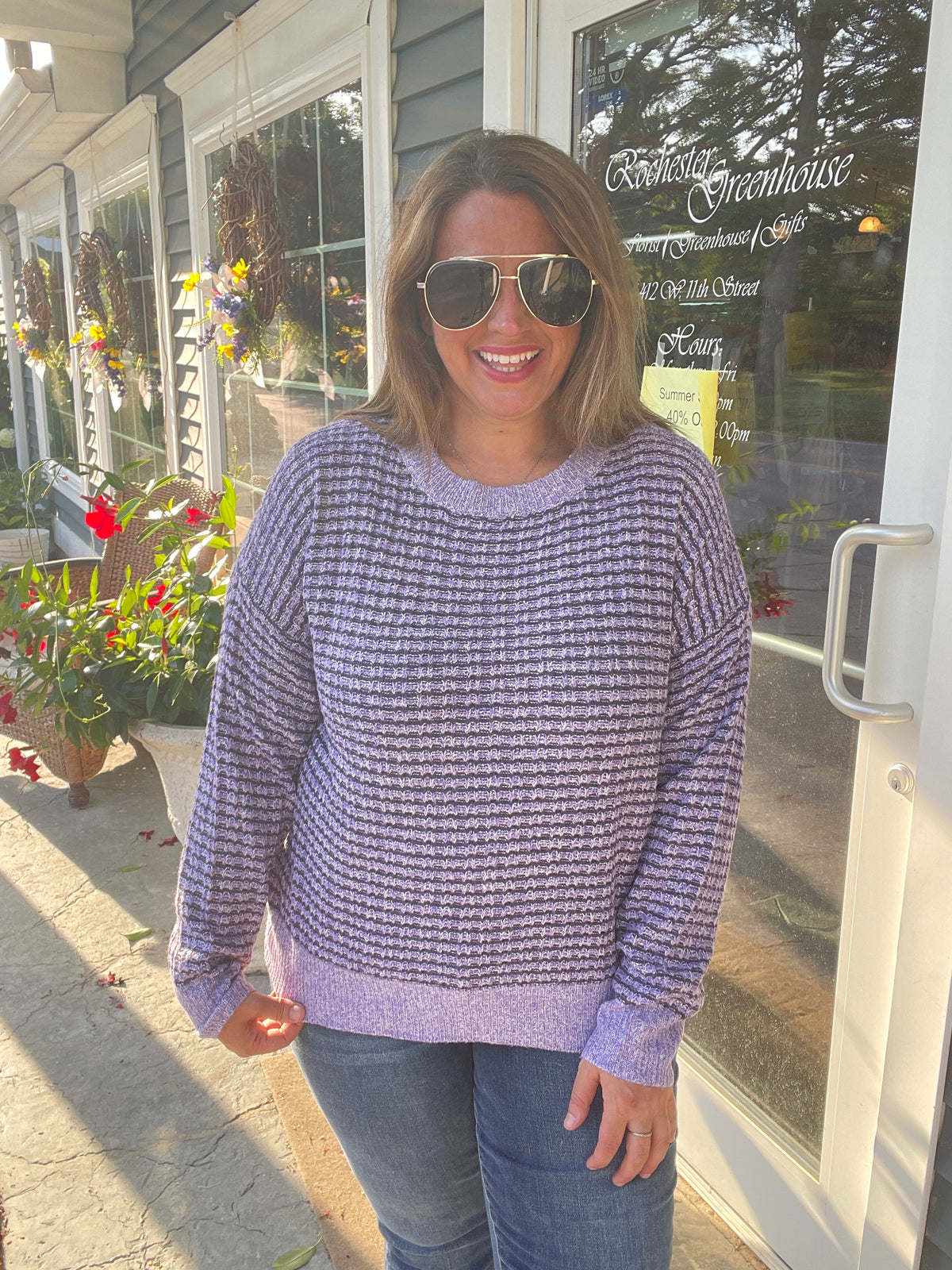 PURPLE Waffle Textured Crew Neck Long Sleeve Striped Sweater