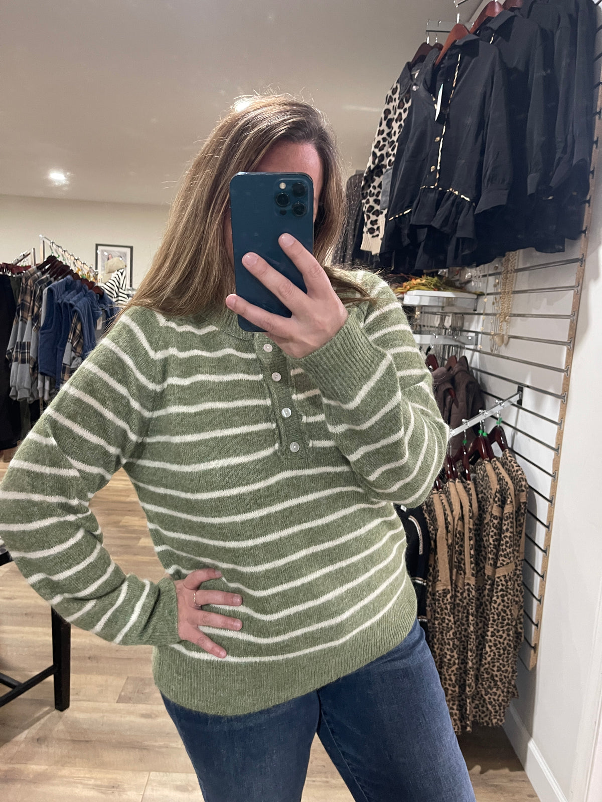 DARK SAGE Striped, Half Buttons, Raglan Sleeve, Pullover SWEATERS