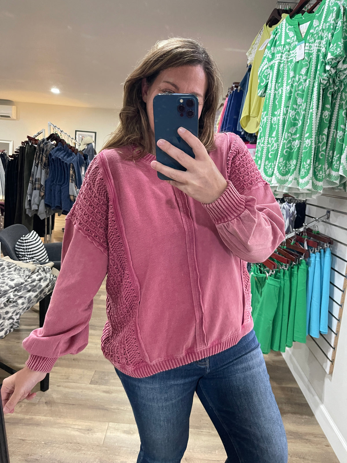 RASBERRY MINERAL WASH LACE DETAIL OVERSIZED KNIT TOP