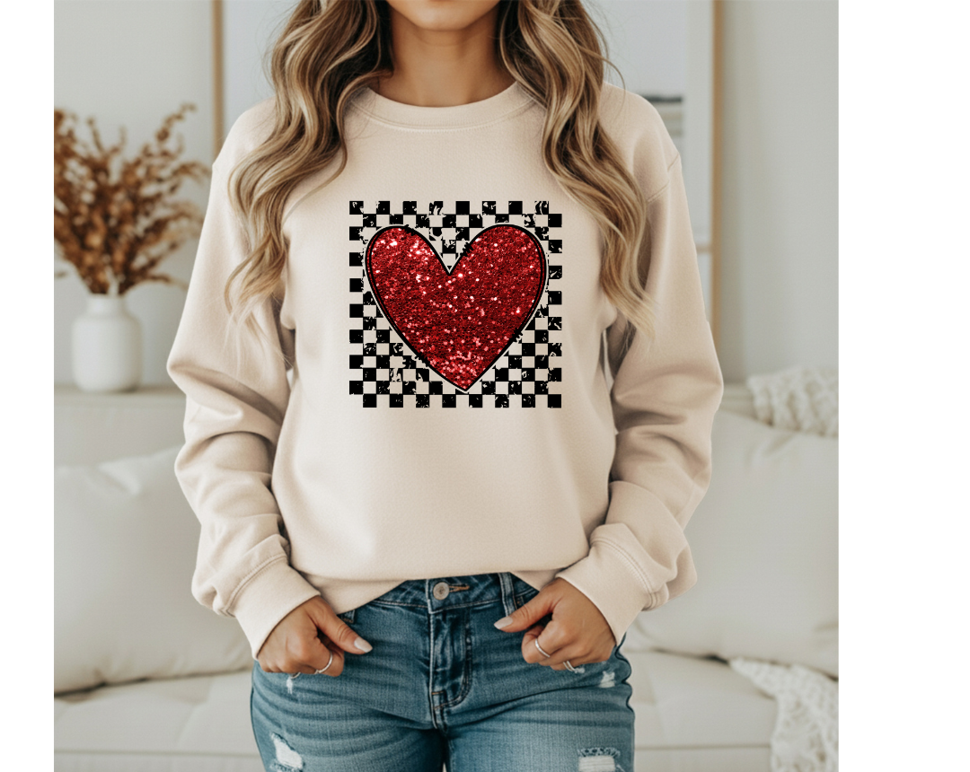 CHECKERED/SPARKLE HEART GRAPHIC SWEATSHIRT