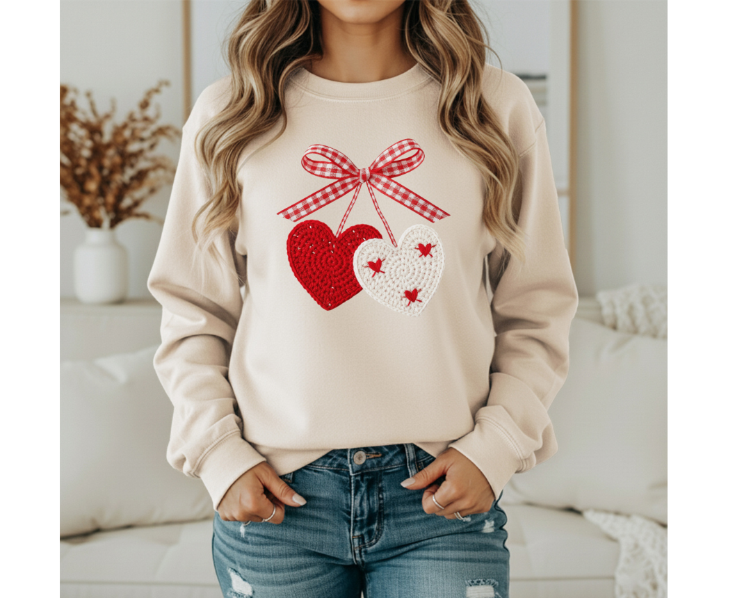 FAUX CROCHET HEART CHERRY GRAPHIC SWEATSHIRT