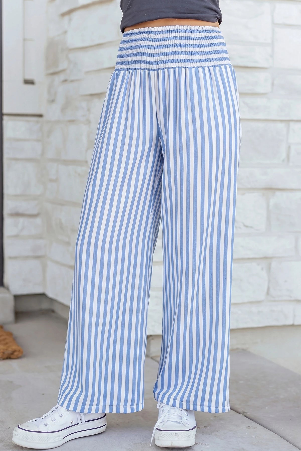 BLUE STRIPED SMOCK WAIST WIDE LEG PANTS