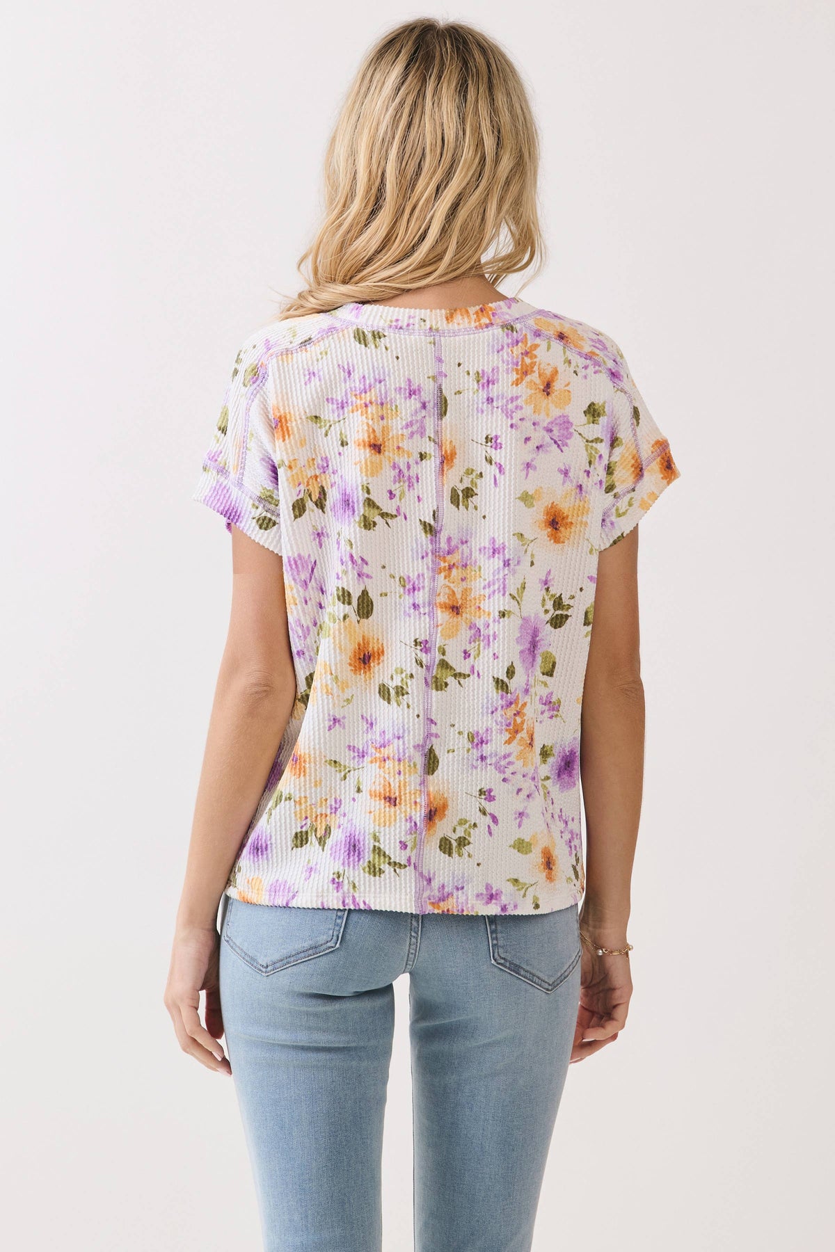 BOMBOM - TA2430 Floral Ribbed Short Sleeve Knit Top: Floral / English / M