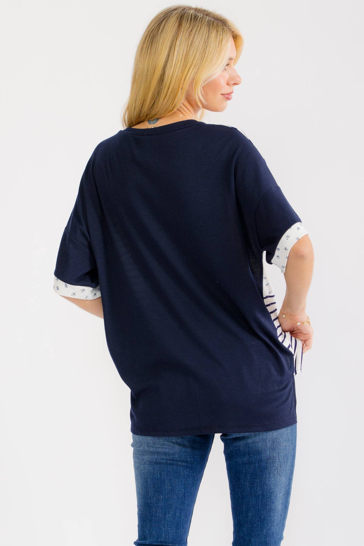 NAVY/WHITE PATCHWORK KNIT TOP