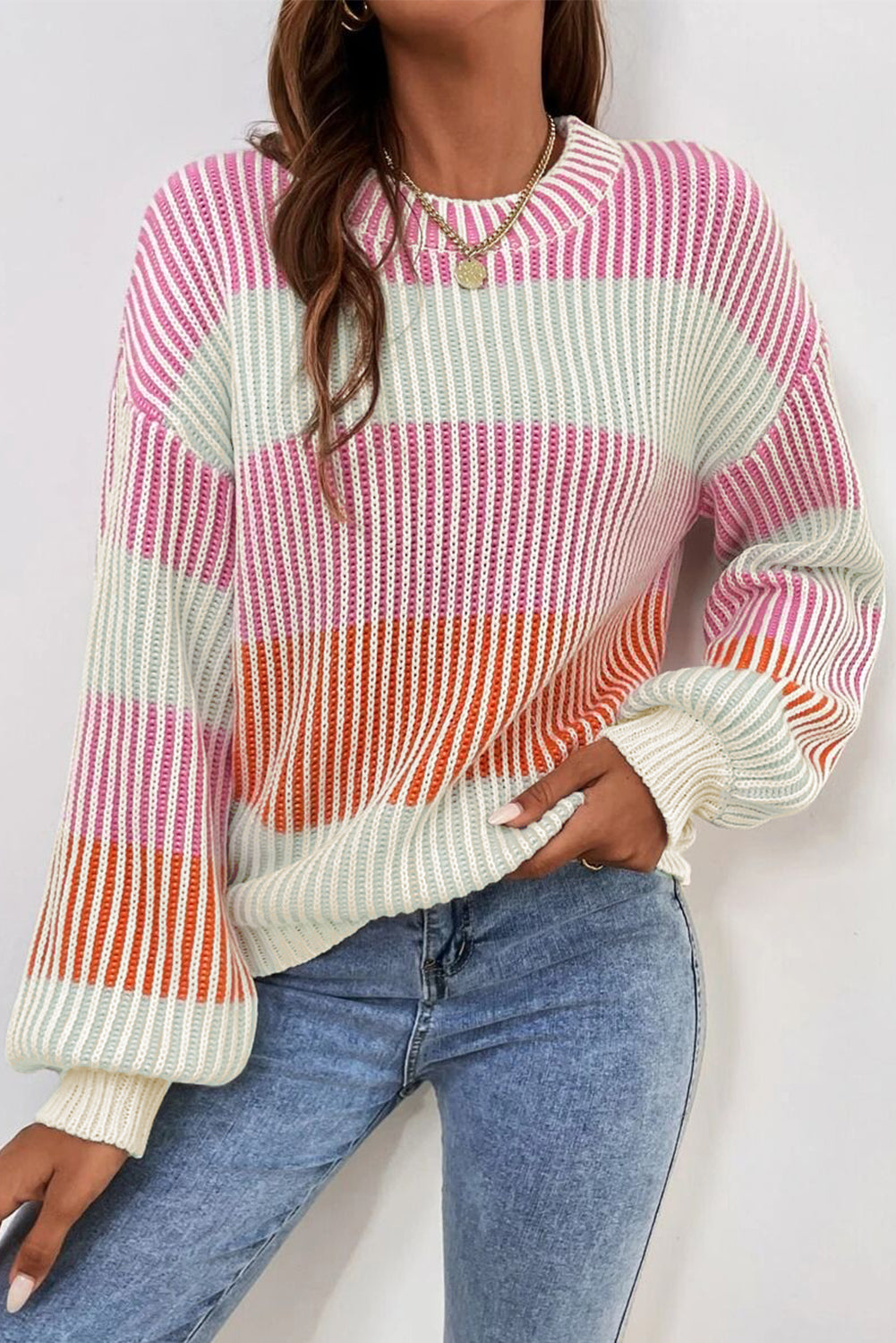 PINK COLORBLOCK TEXTURED KNIT SWEATER