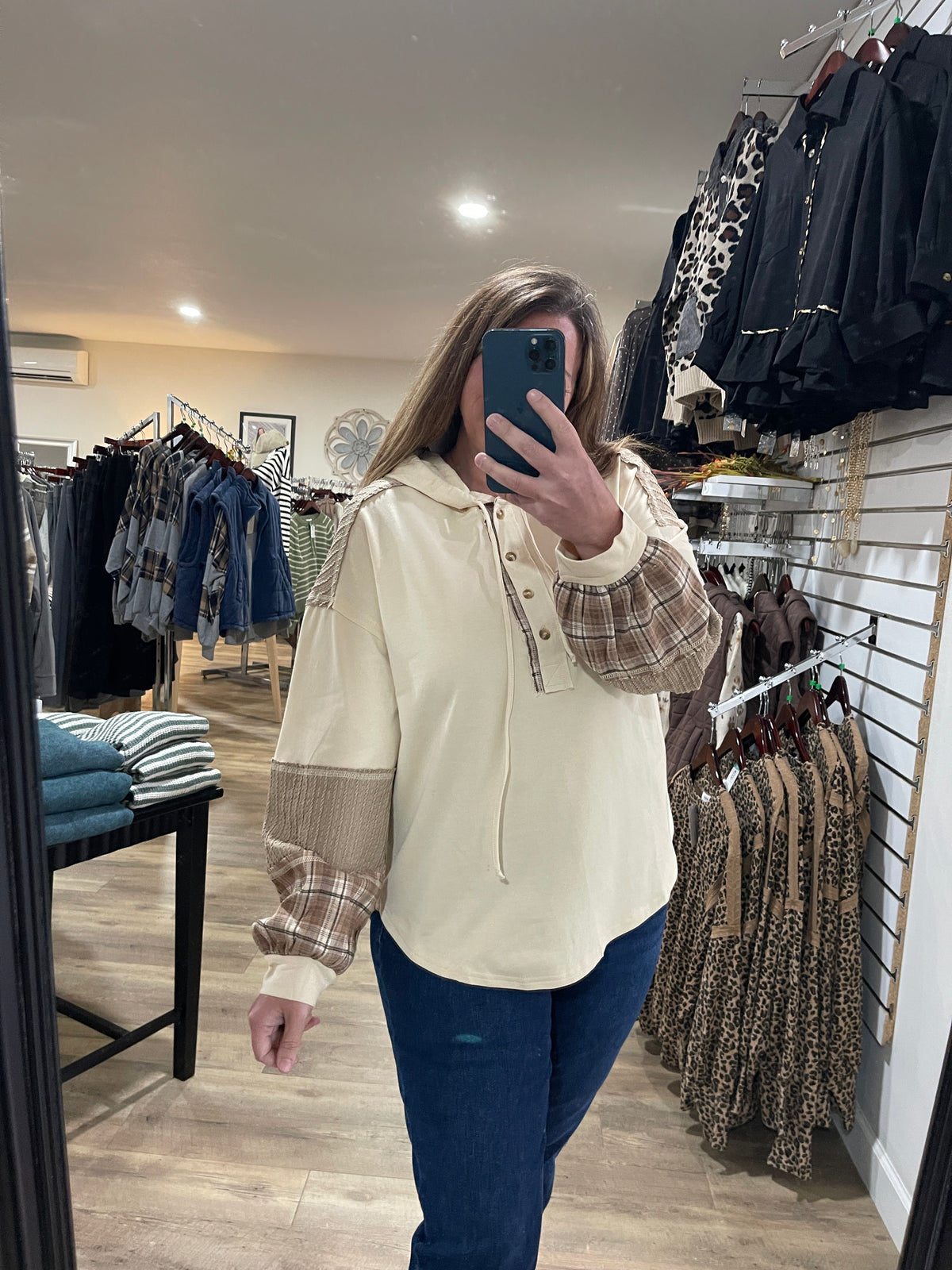 NATURAL PLAID CONTRAST LIGHT WEIGHT HOODIE