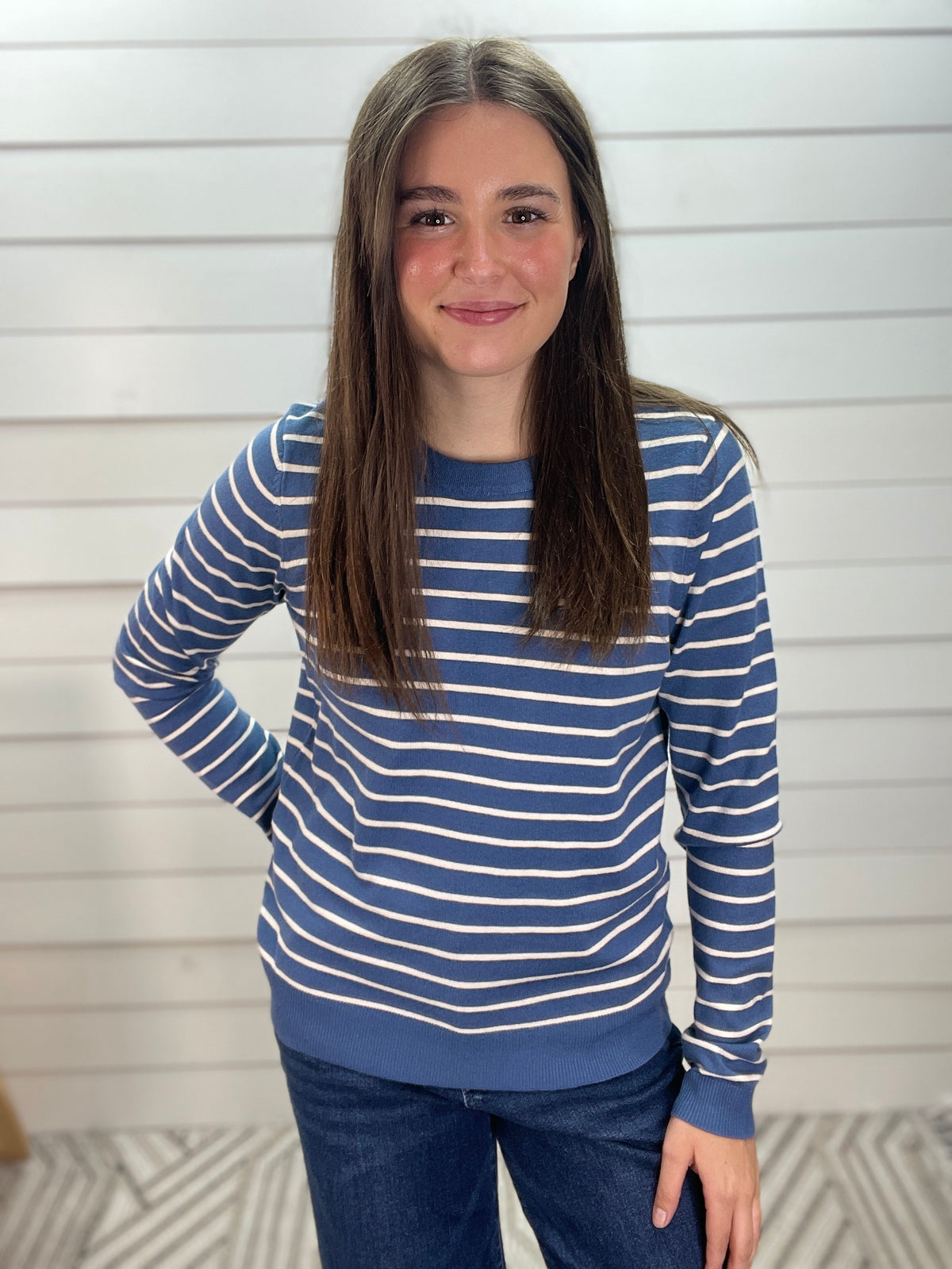 DENIM STRIPED Crew Neck Long Sleeve Basic Striped Pullover Sweater