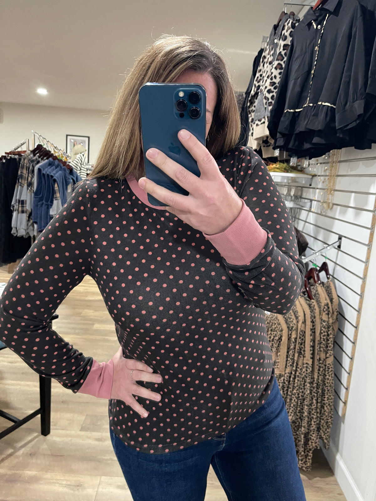 BROWN/PINK Crew Neck, Long Sleeve, Polka Dot Printed Hacci Top