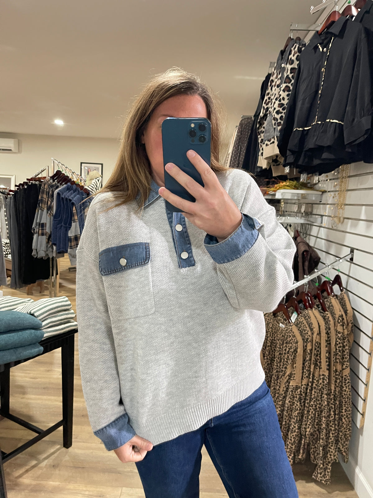 HEATHER GREY KNIT SWEATER W/ DENIM TRIM