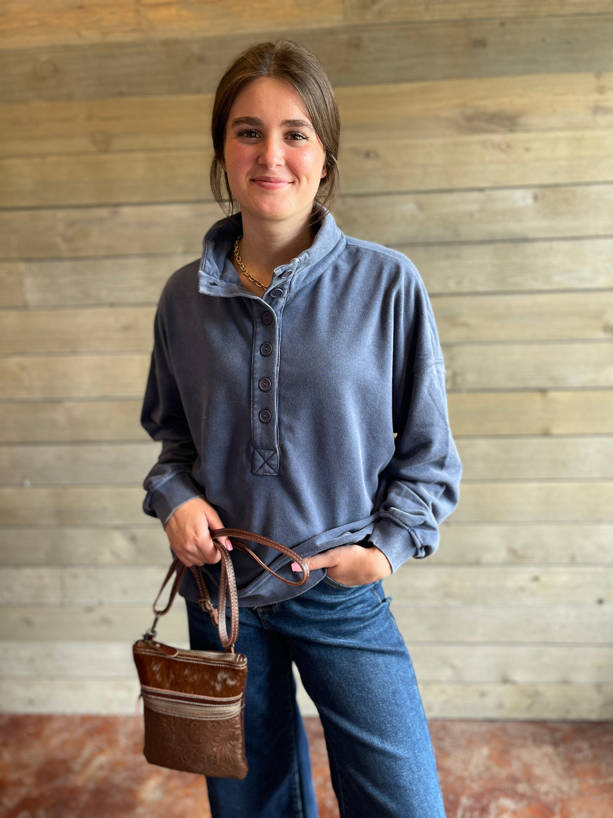Navy Ultra Soft Mineral Wash Half Button Pullover
