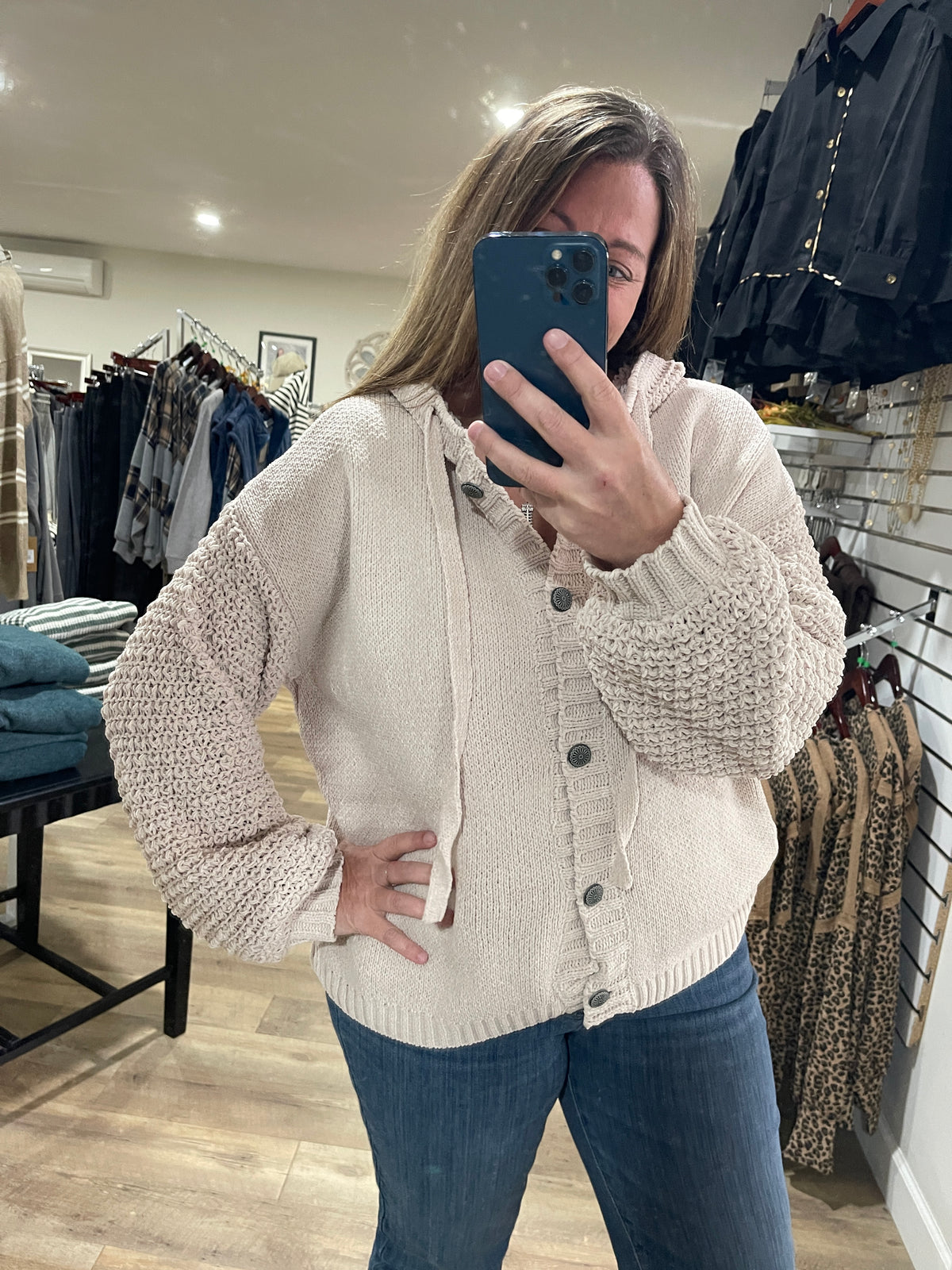 BEIGE BUTTON DOWN HOODED OVERSIZED SWEATER WITH KNITED SLEEVES