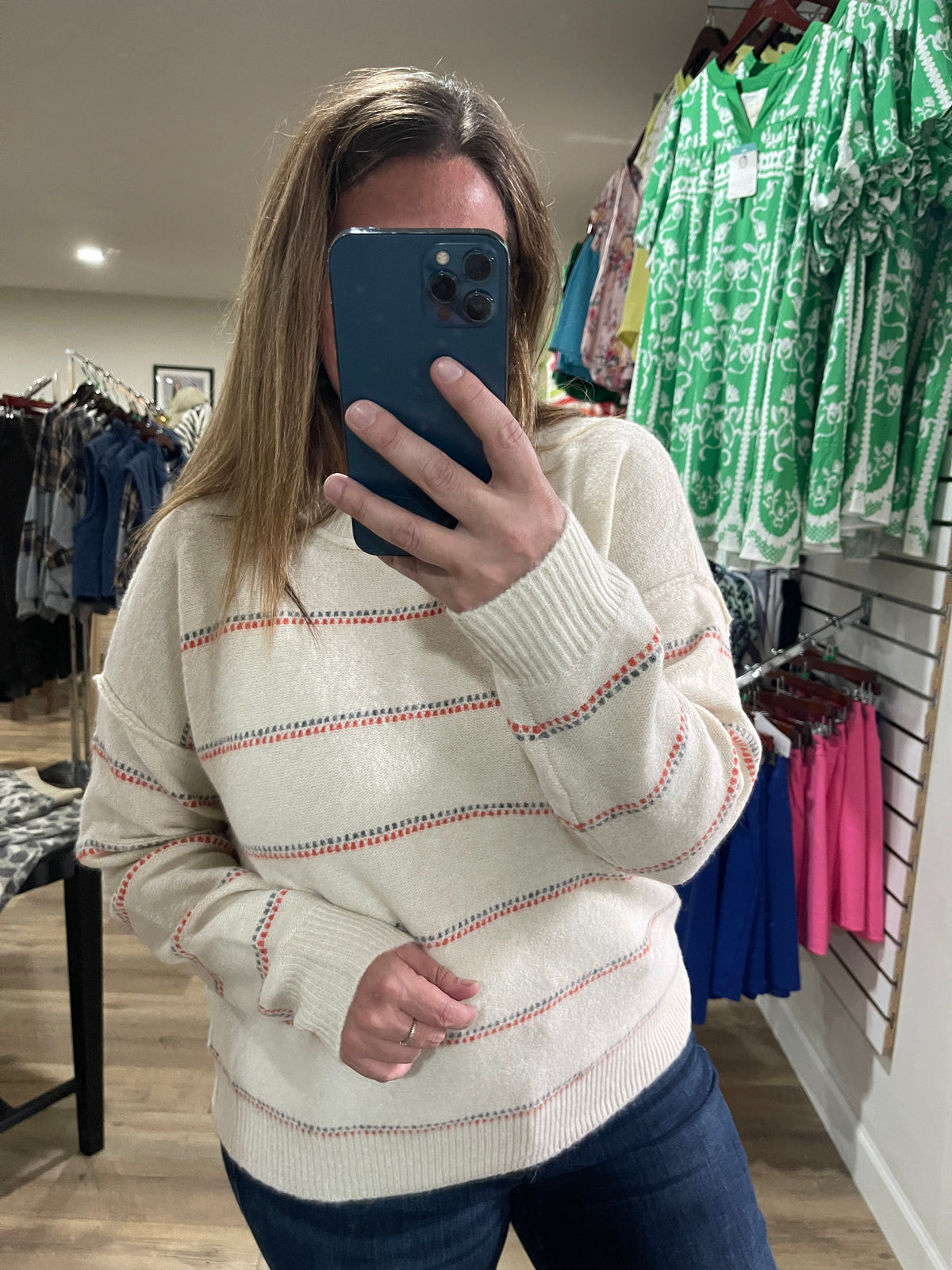 OATMEAL/ORANGE Texture Multi Striped, Crew Neck, Long Sleeve SWEATER