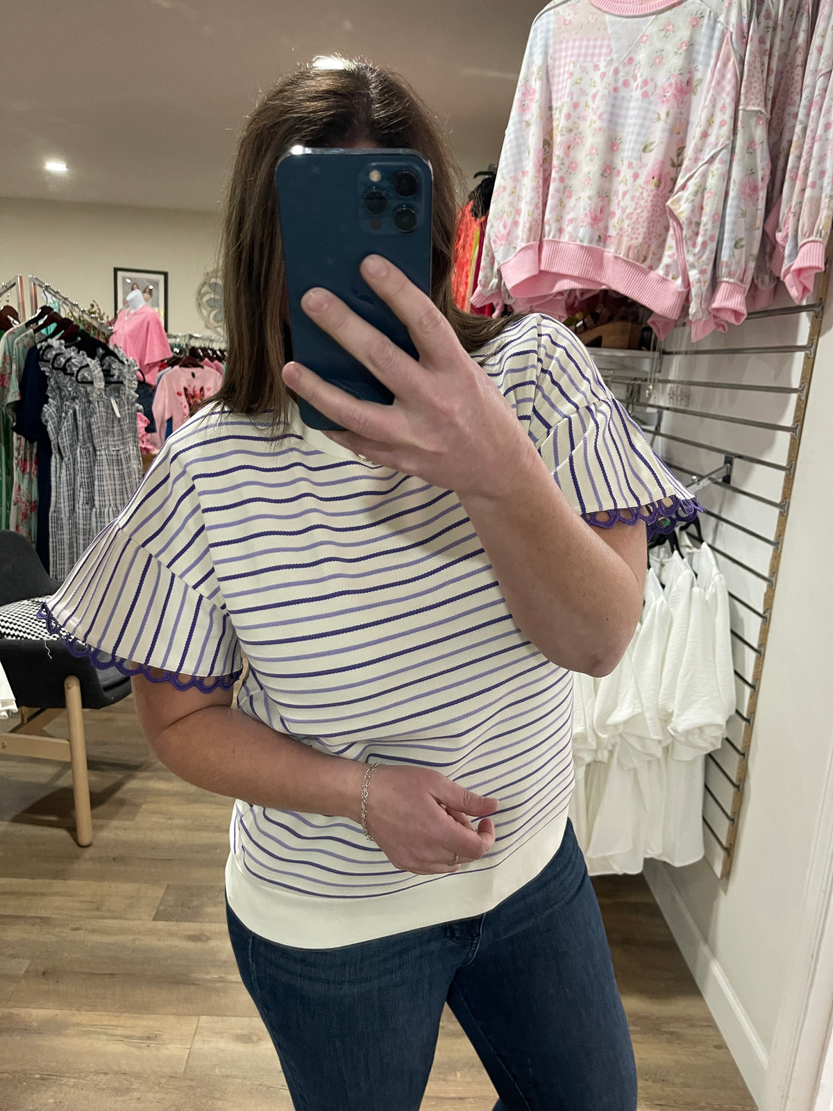 PURPLE/WHITE STRIPED KNIT TOP W/ RUFFLE SLEEVES