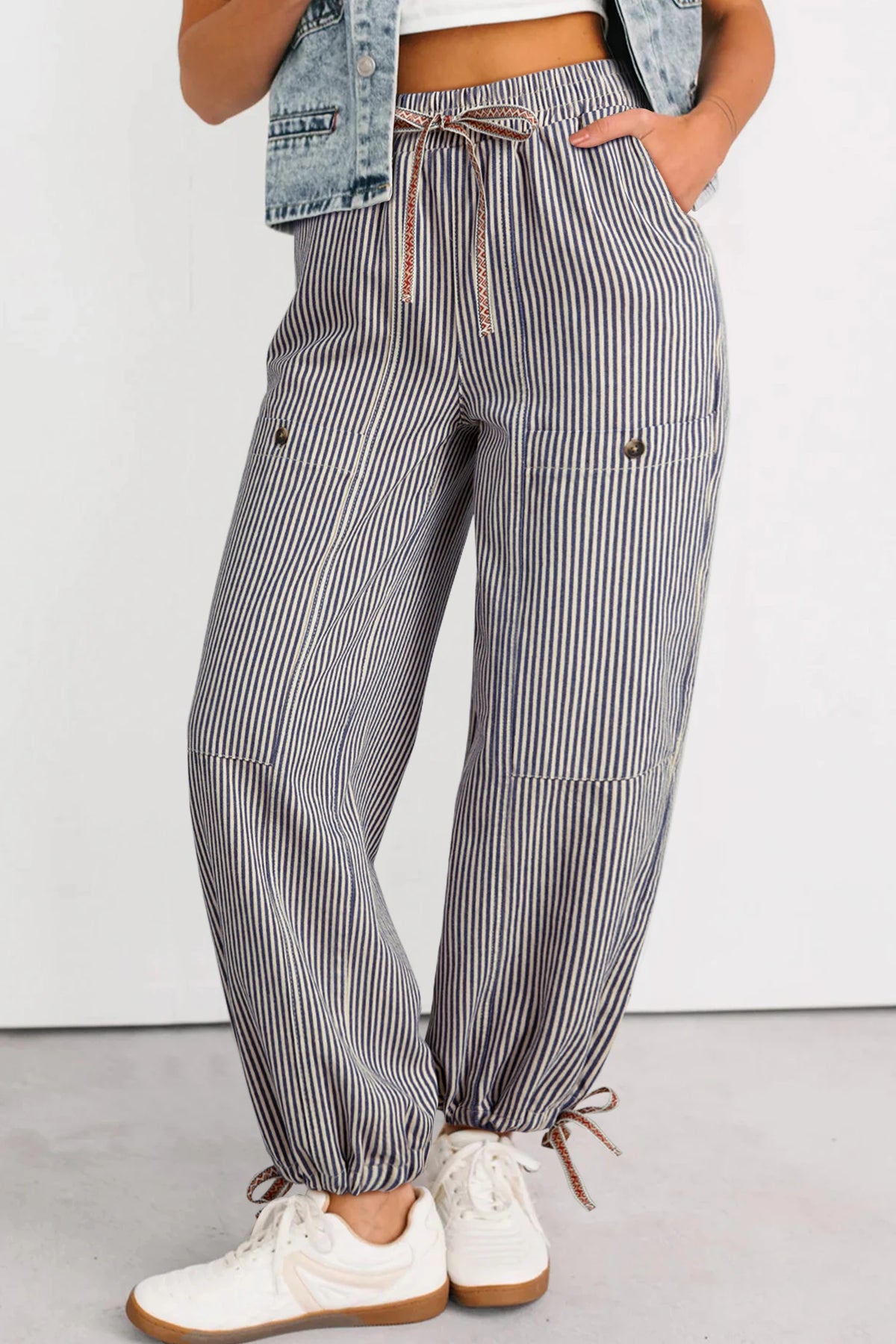 PINSTRIPE BUTTON PATCH DRAWSTRING PANTS