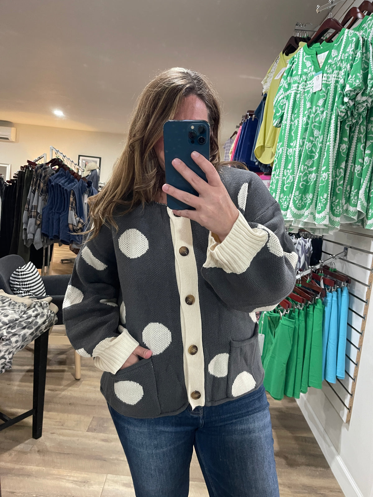 CHARCOAL Round Neck Button Down Long Sleeve Polka Dot Jacquard Sweater Cardigan