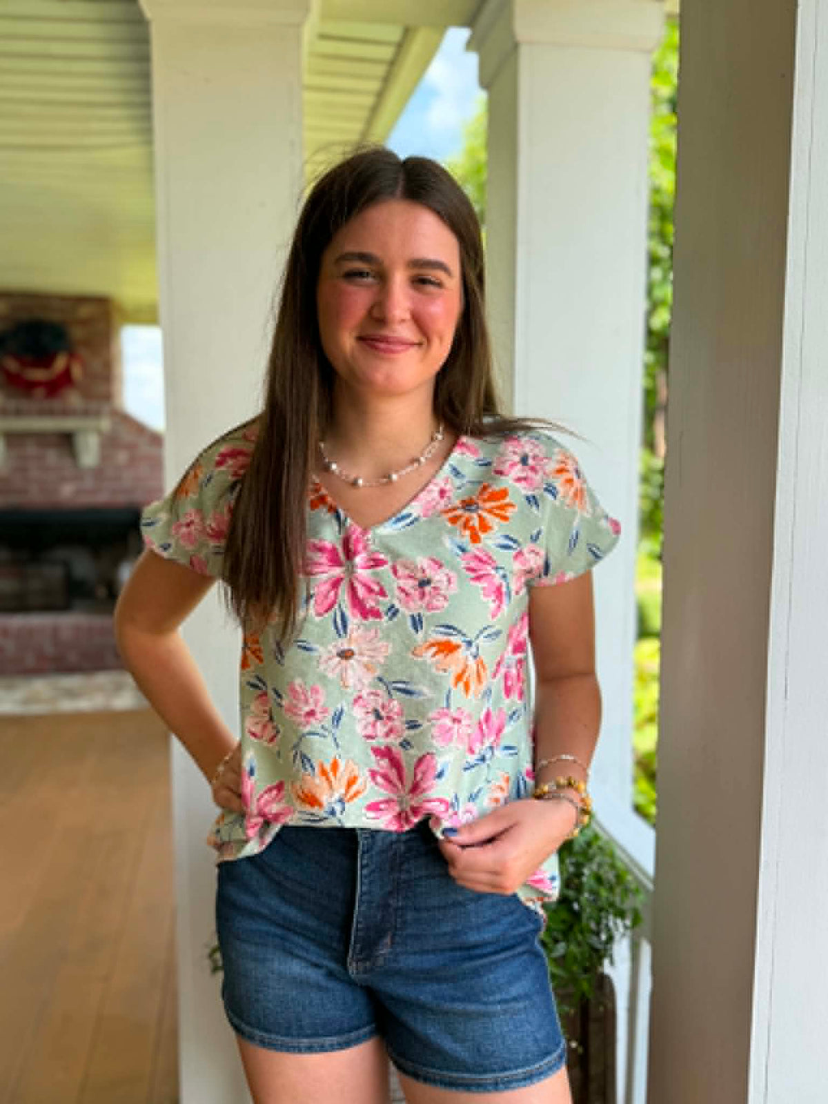MINT/PINK/ORANGE FLORAL V NECK WOVEN TOP