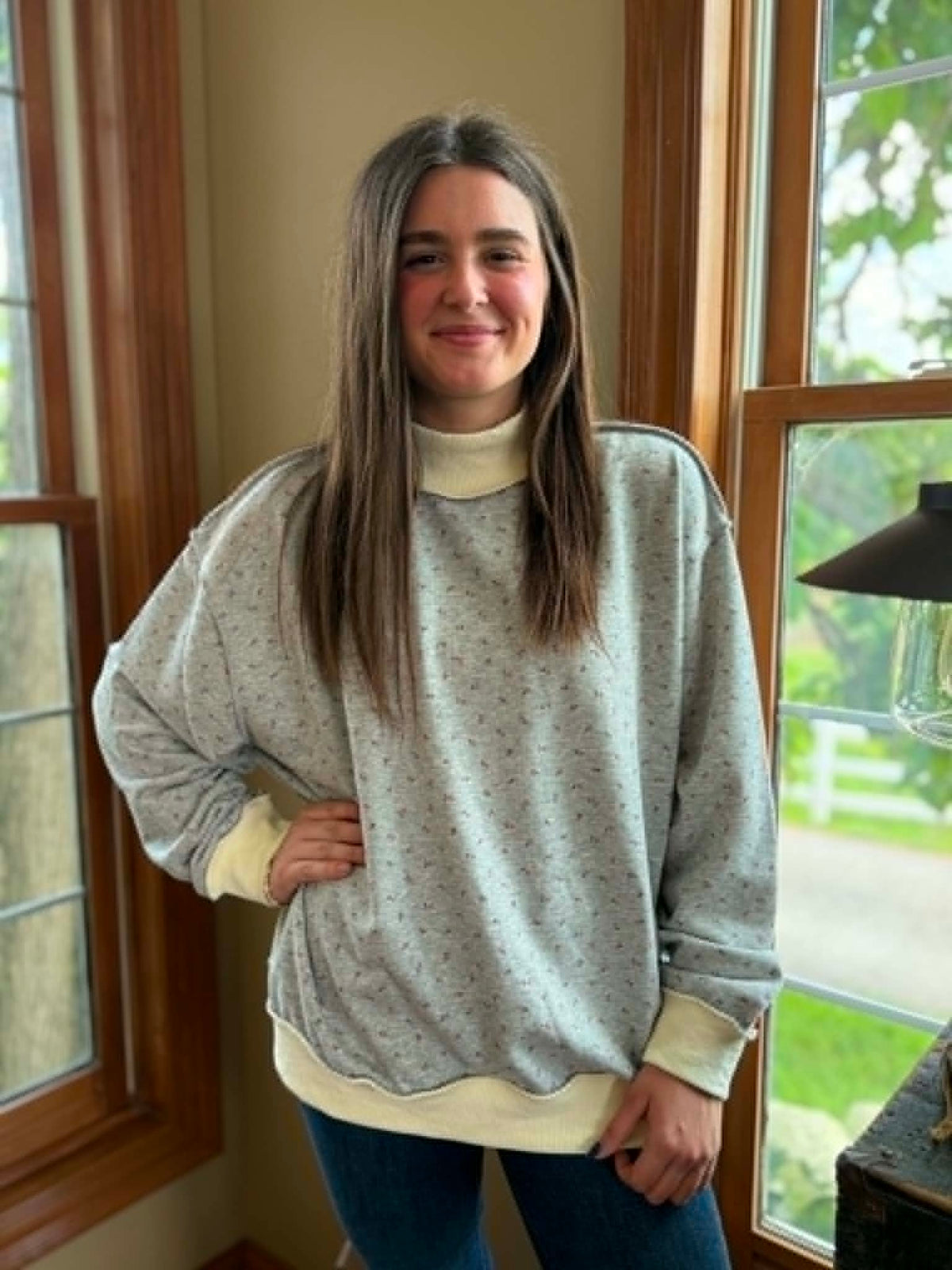 GREY FLORAL OVERSIZED KNIT MOCK NECK PULLOVER