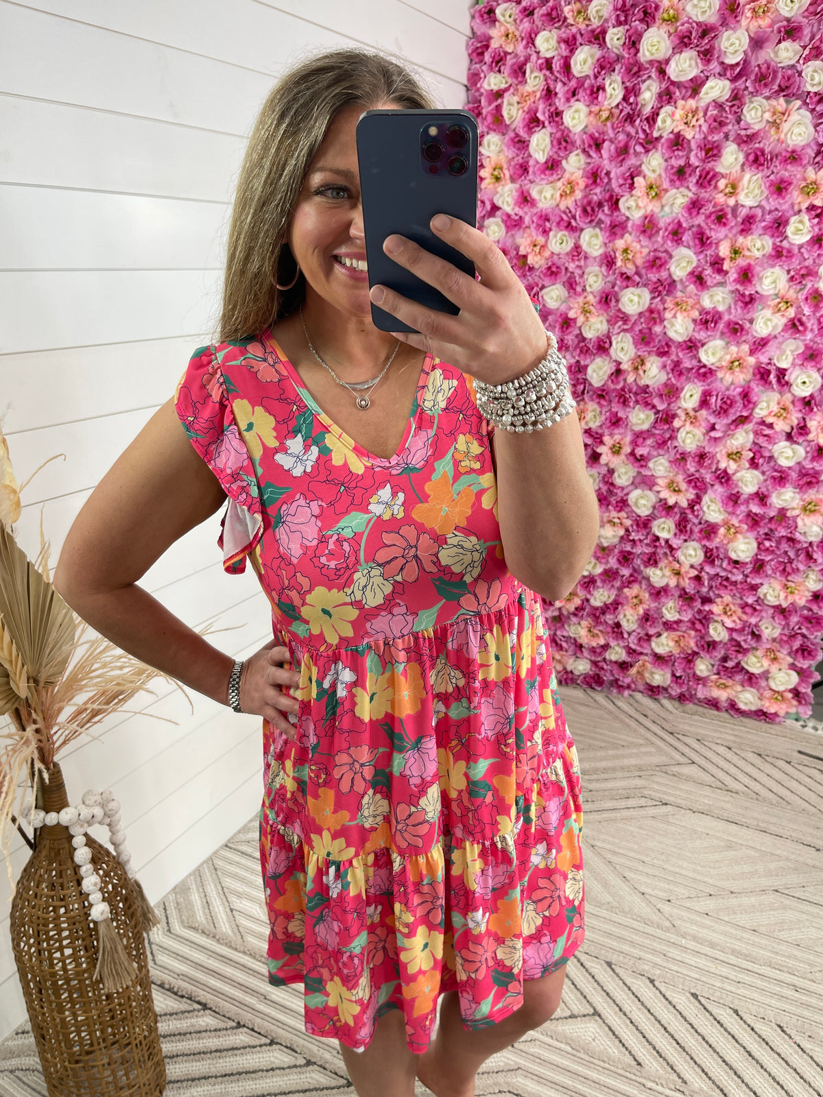 HOT PINK FLORAL TIERED DRESS W/ RUFFLE SLEEVES