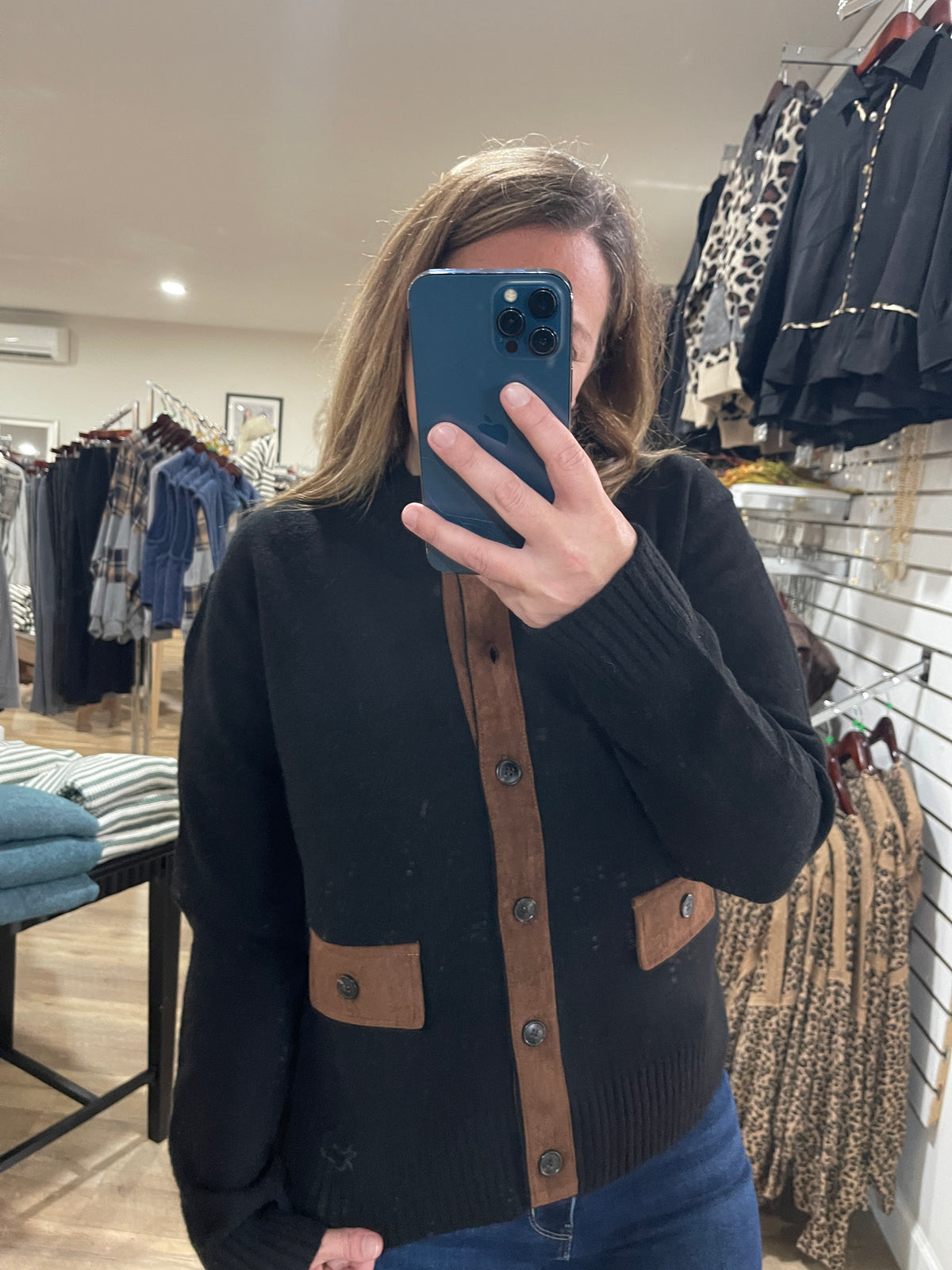 Black Mock Neck Suede Trim Button Down Sweater Jacket