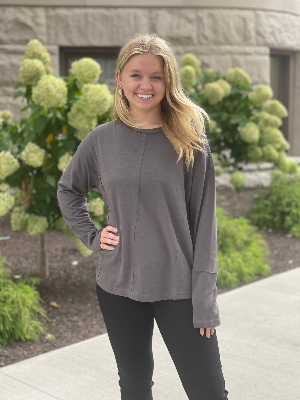 CHARCOAL COTTON LONG SLEEVE TOP