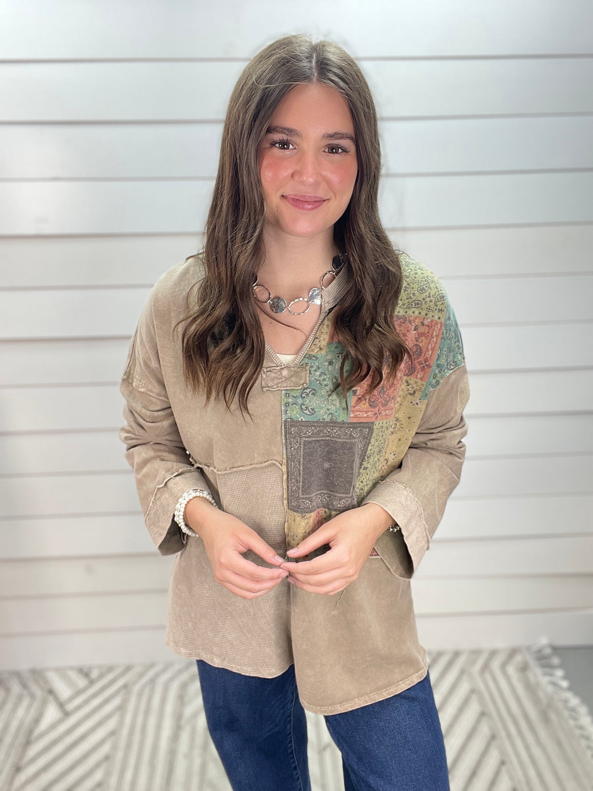 VINTAGE TAUPE Mineral Washed Boho Bandana Thermal V Split Neck Top