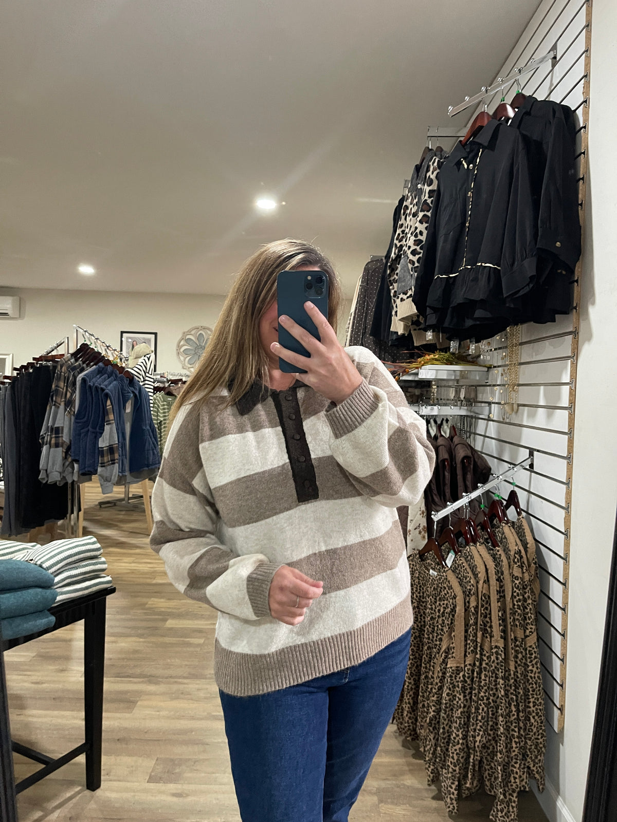 MOCHA/CREAM Heathered Stripe Polo Collar Long Sleeve Sweater