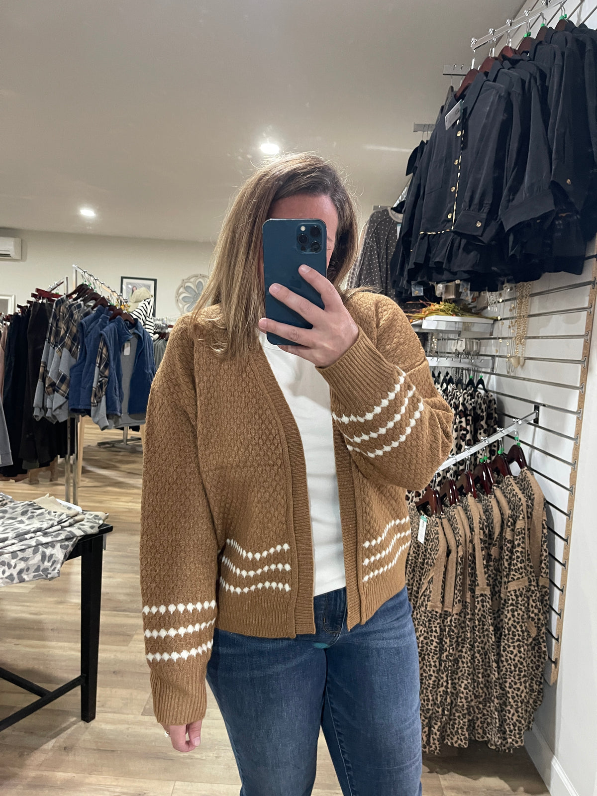 CAMEL Honeycomb Textured, Long Sleeve, Diamond Striped CARDIGAN