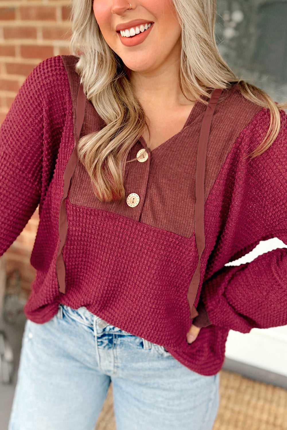 RED WAFFLE CONTRAST LIGHT WEIGHT HOODIE