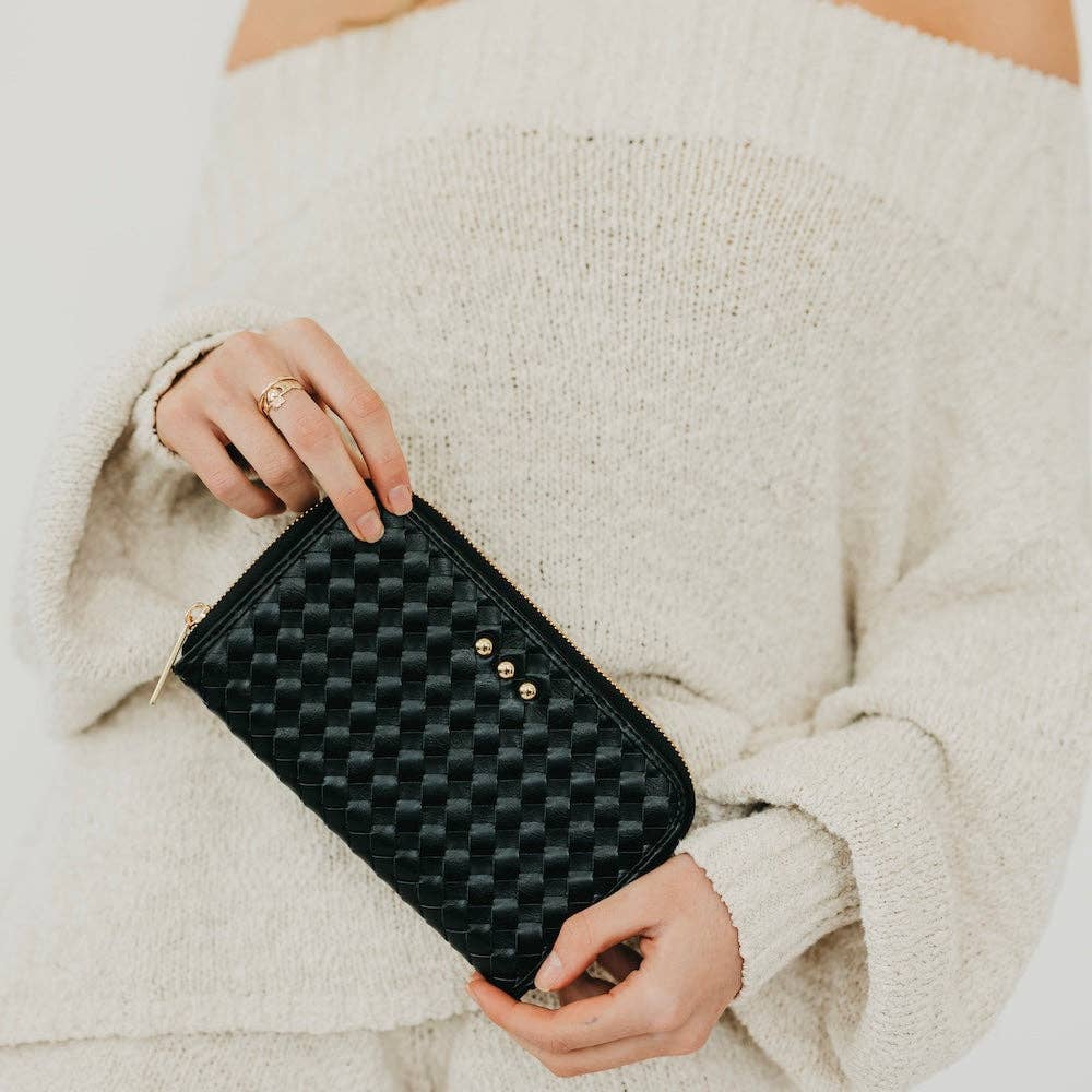 Pretty Simple - Lenni Large Zip Woven Wallet: Woven Checkered Black
