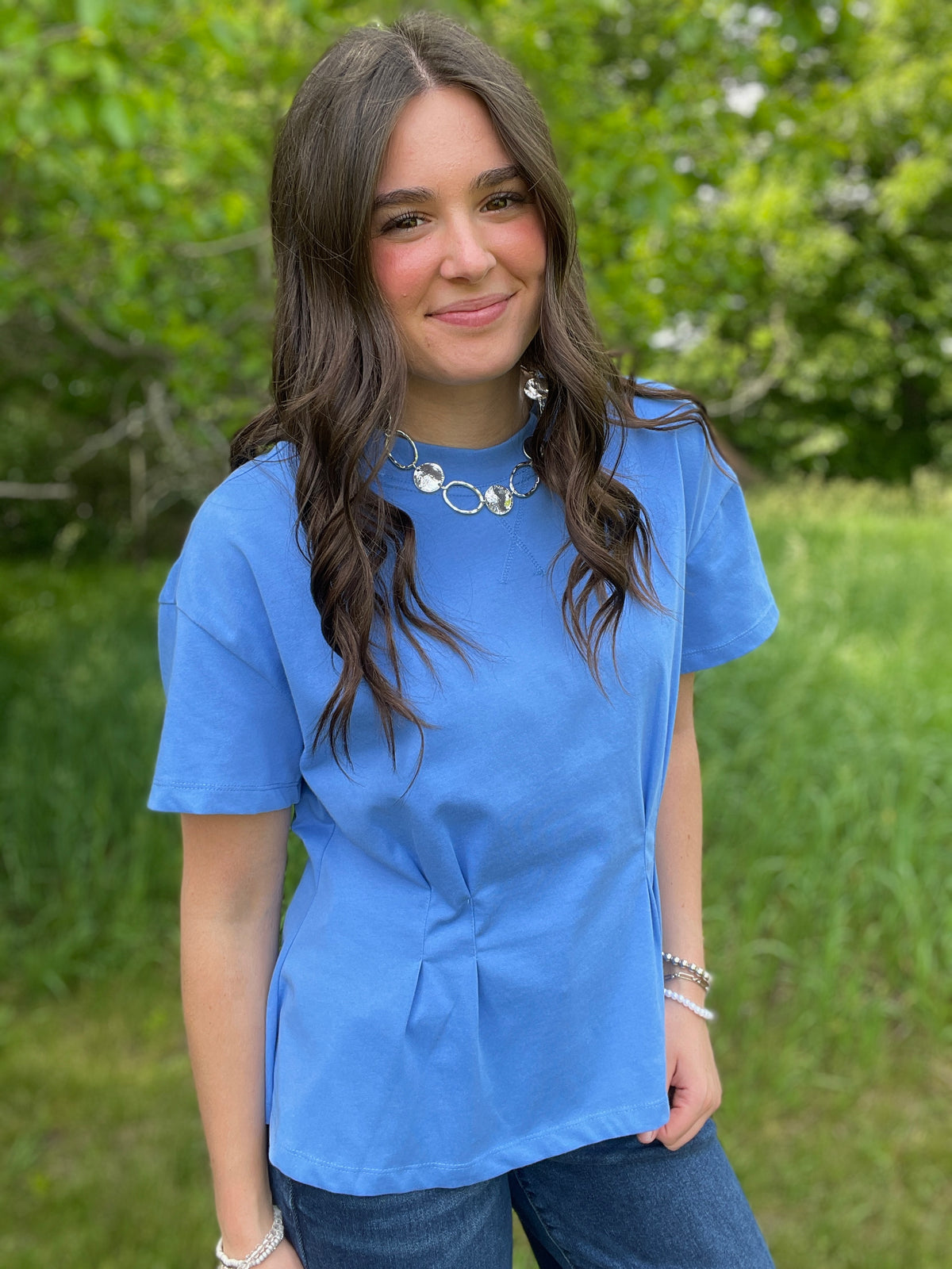 OCEAN BLUE KNIT SHORT SLEEVE TOP W/ PLEATED DETAIL