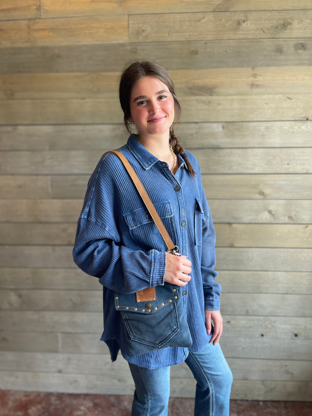 NAVY MINERAL WASH OVERSIZED WAFFLE KNIT BUTTON DOWN TOP