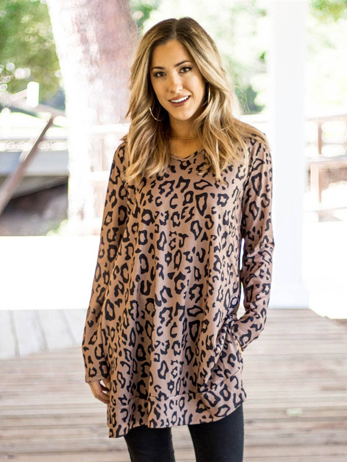 TAUPE ANIMAL PRINT SLIT HEM TUNIC