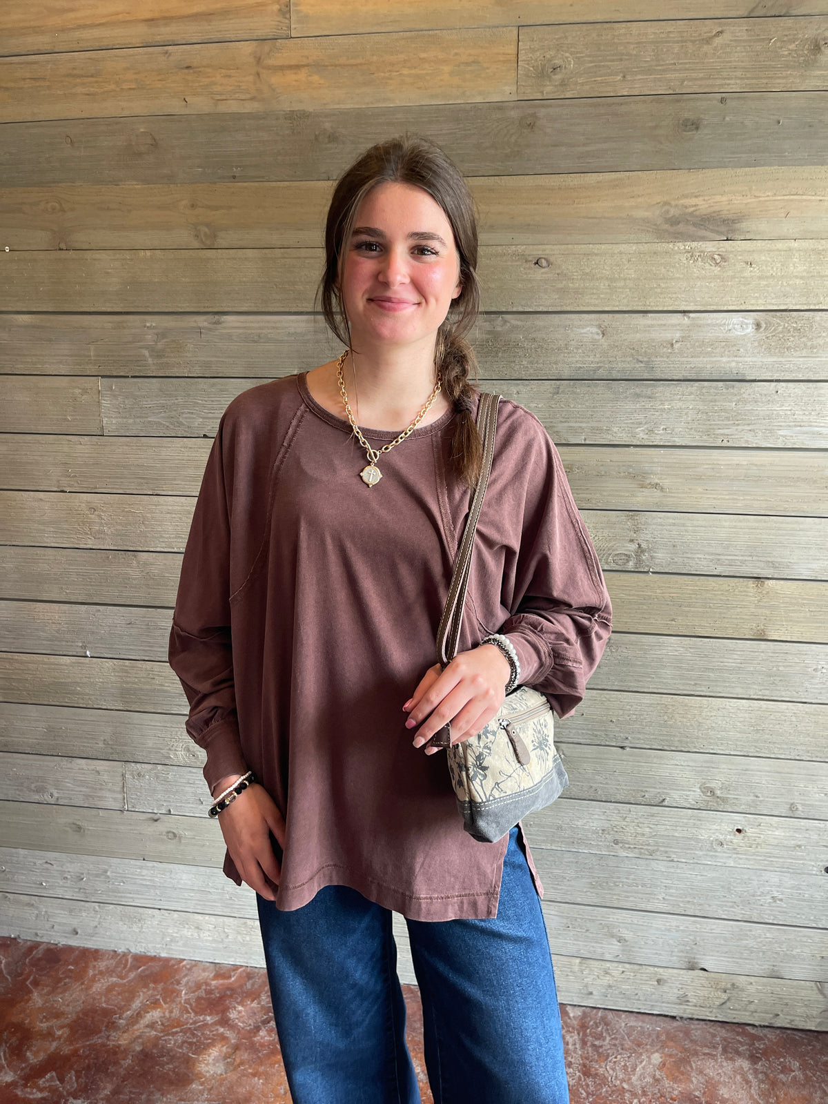 DARK BROWN MINEAL WASH LOOSE FIT LONG SLEEVE TOP