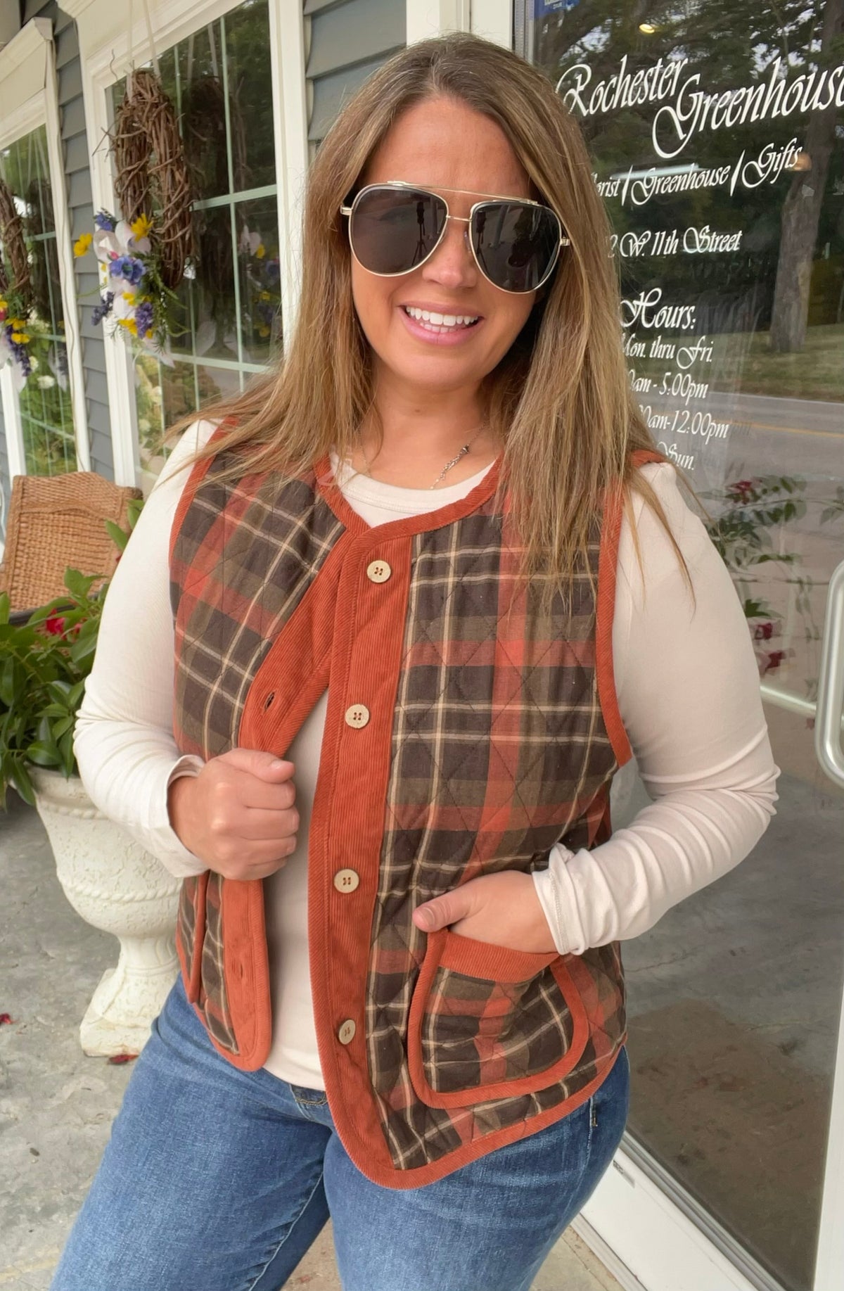 RUST/BROWN Crew Neck, Button Down, Patch Pockets, Corduroy/Plaid Vest