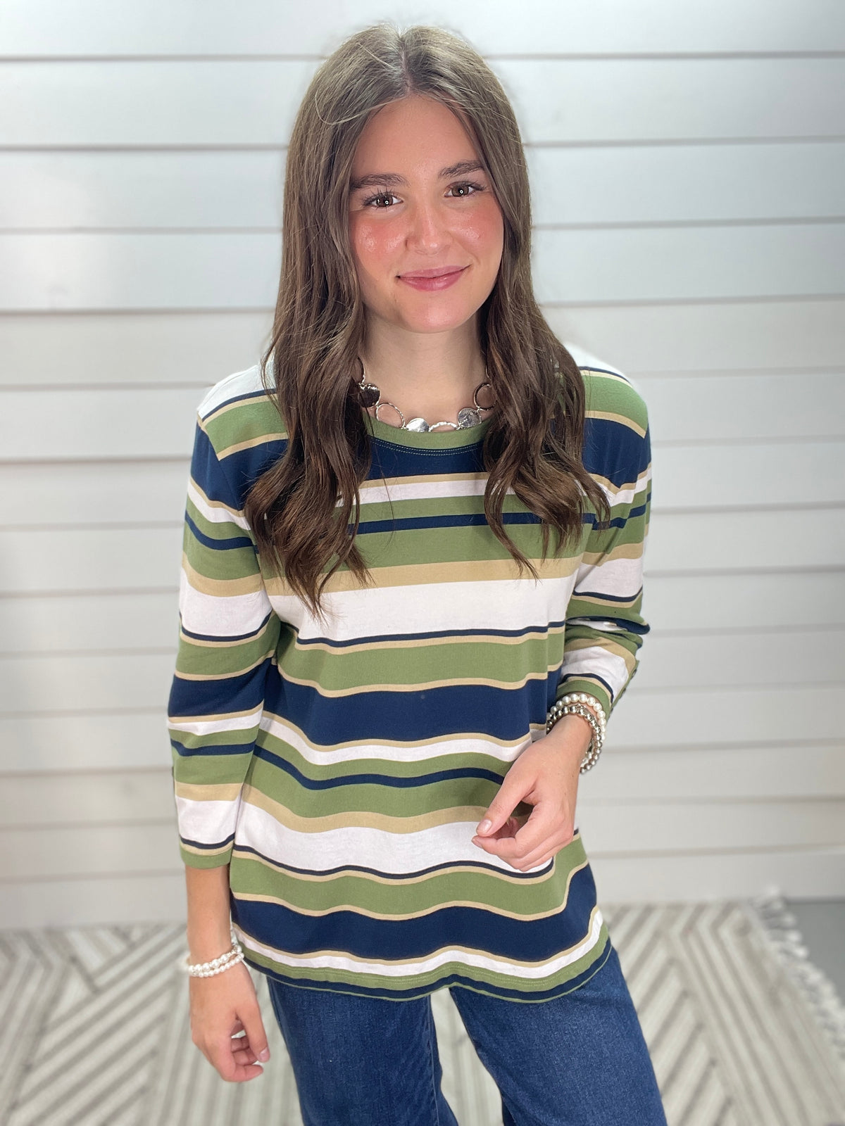 OLIVE/NAVY STRIPED 3/4 SLEEVE KNIT TOP