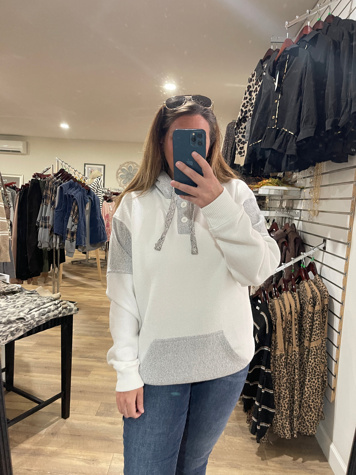 WHITE Nantucket Hooded Pullover With Henley Neck Opening Pullover