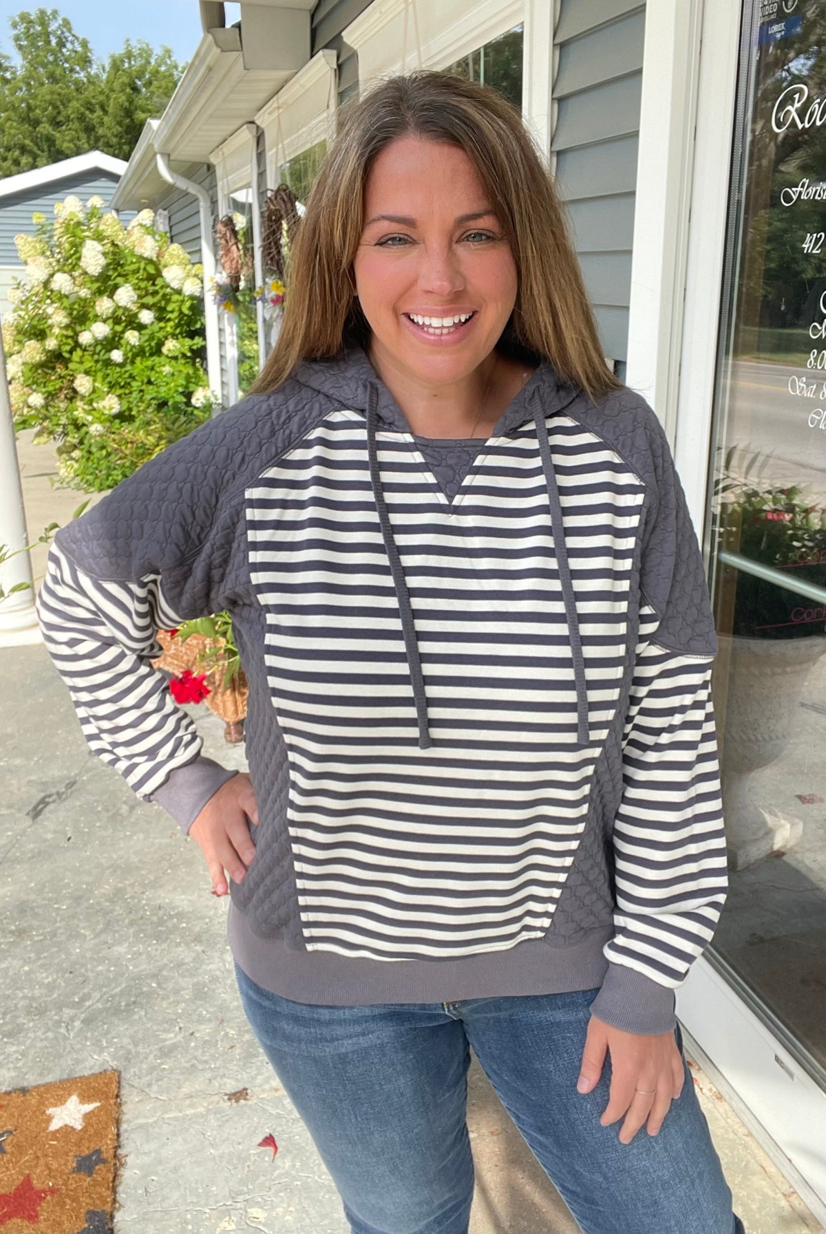 GREY Drawstring Hood, Stripe French Terry Mix Quilted pullover