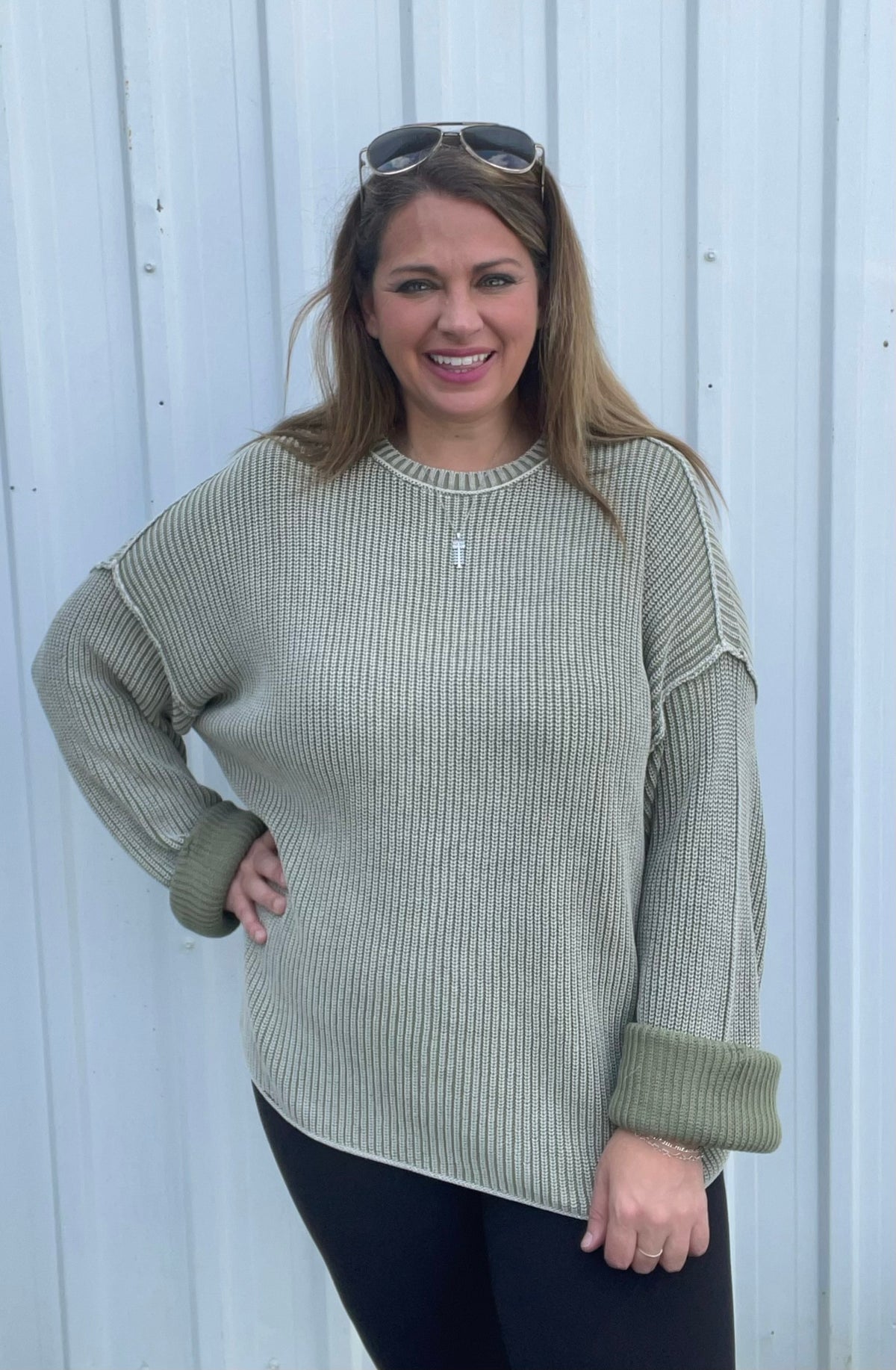 Light Olive Washed Ribbed Long Sleeve Folded Cuff Knit Sweater