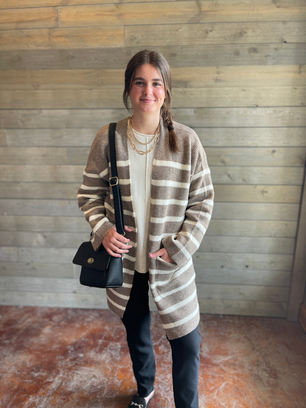 Dark Taupe/ Cream Striped Long Oversized Cardigan with Pockets