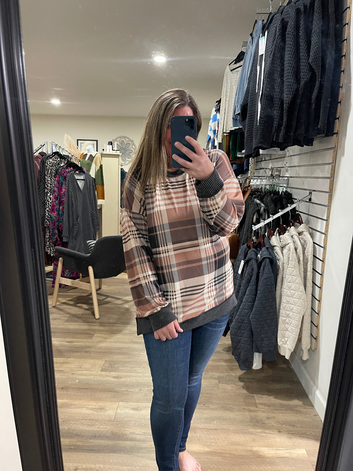 BROWN/BLACK PLAID KNIT TOP W/ RAISED RIBBED ACCENT