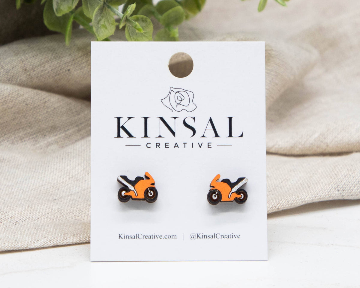 Kinsal Creative - Motorcycle Wood Stud Earrings: Red