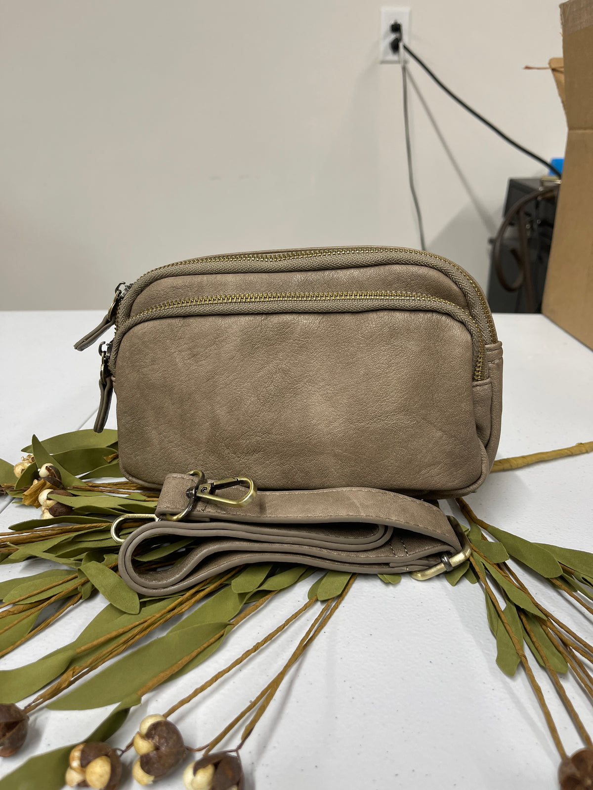 DARK TAUPE KYLIE DOUBLE ZIP SLING/BELT BAG