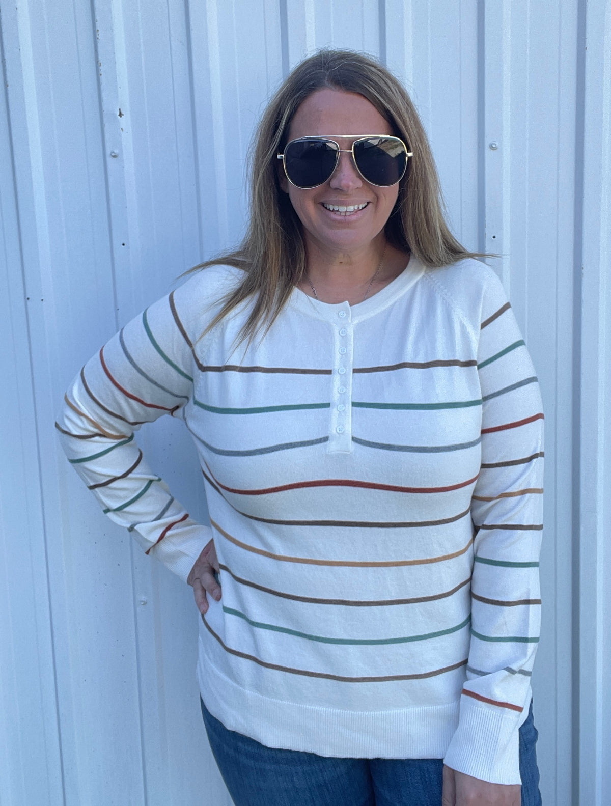 Ivory Multi Color Stripe Half Buttons Raglan Sleeve Pullover Knit