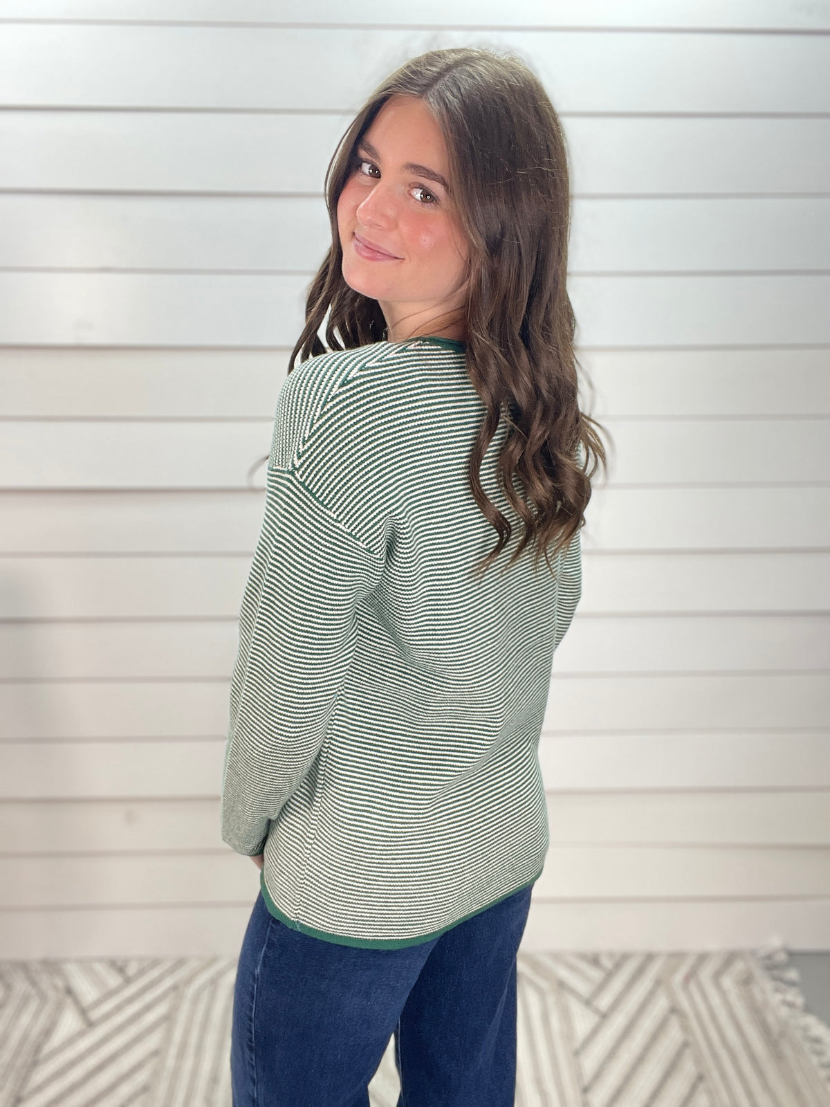 FOREST Waffle Texture Pinstriped Wide Crew Neck Long Sleeve Pullover Sweater