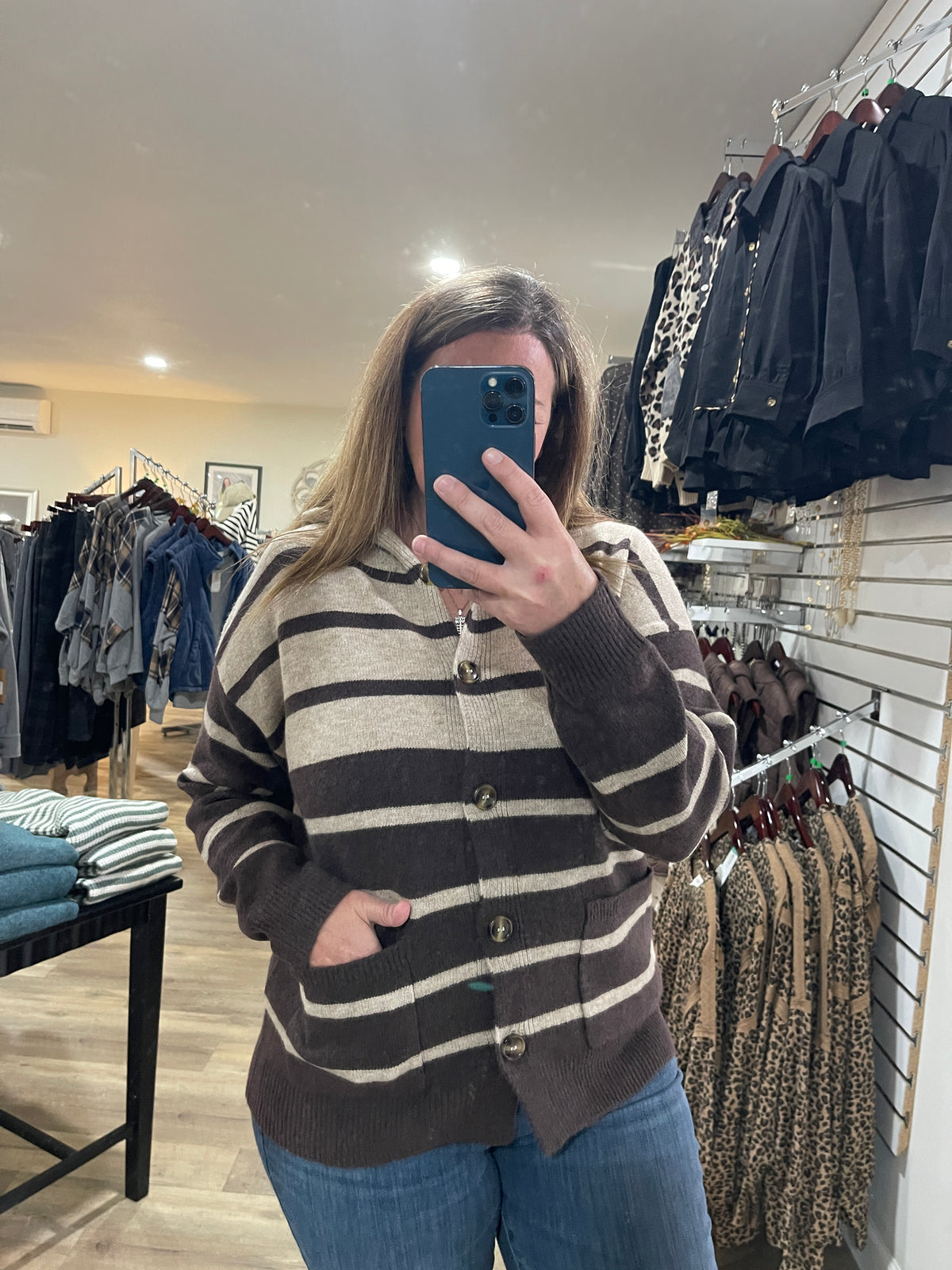DARK MOCHA Striped, Hoodie, Button Down, Cardigan Sweater With Pocket