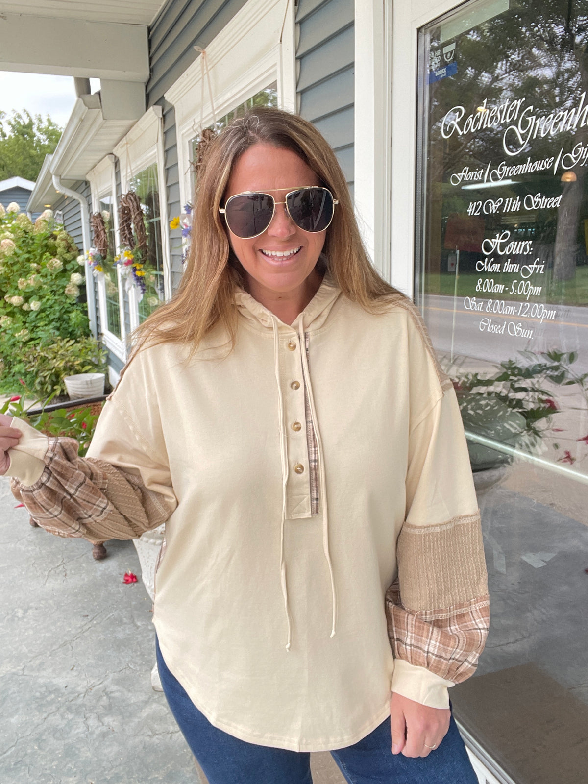 NATURAL PLAID CONTRAST LIGHT WEIGHT HOODIE