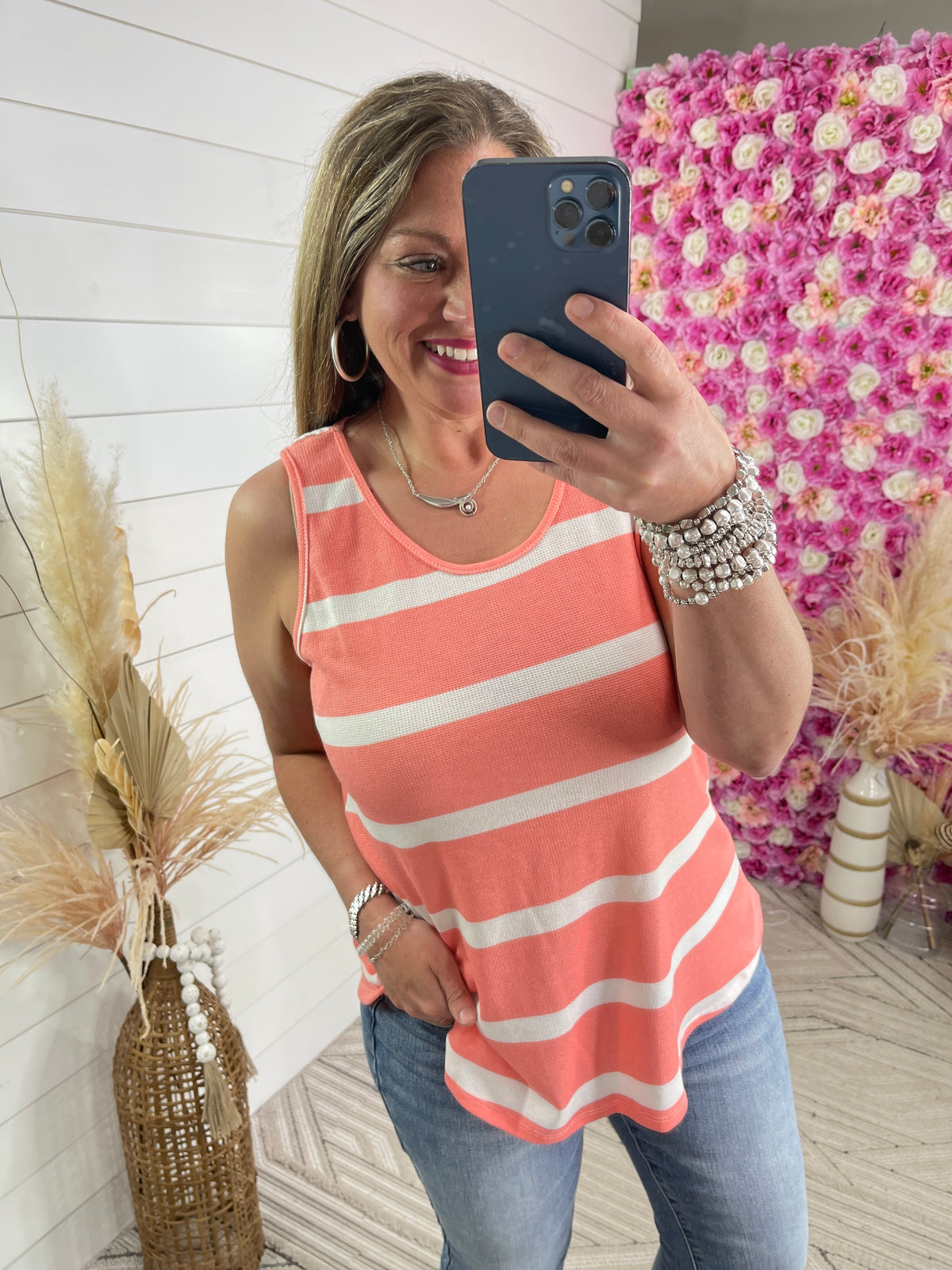 CORAL STRIPED KNIT TANK TOP